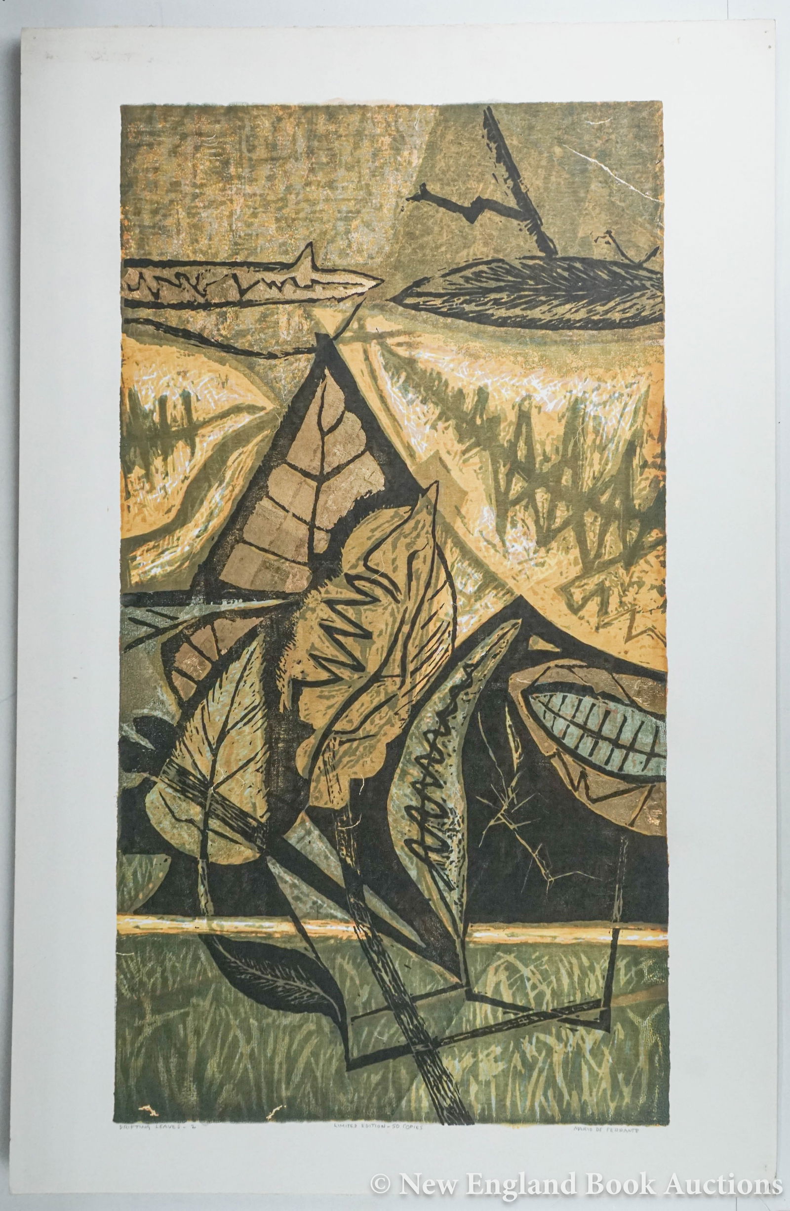 De Ferrante, Mario: 64. De Ferrante, Mario. Drifting Leaves #2 * #3 * #4. Together 3 color prints highlighted with gold. Image 31 x 17, overall 36 x 23 inches; some hand-soiling. Each is ONE OF 50, SIGNED BY DE