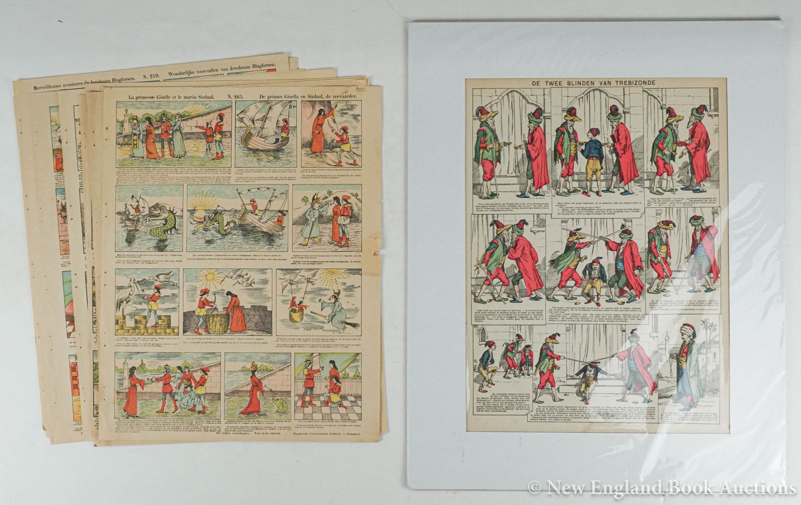 Early Comics: 66. Early Comics. Collection of about 30 catchpenny type illustrated color sheets. Each around 18 x 12 inches; some fraying at margins, etc. France or The Netherlands, 19th or early 20th-century.