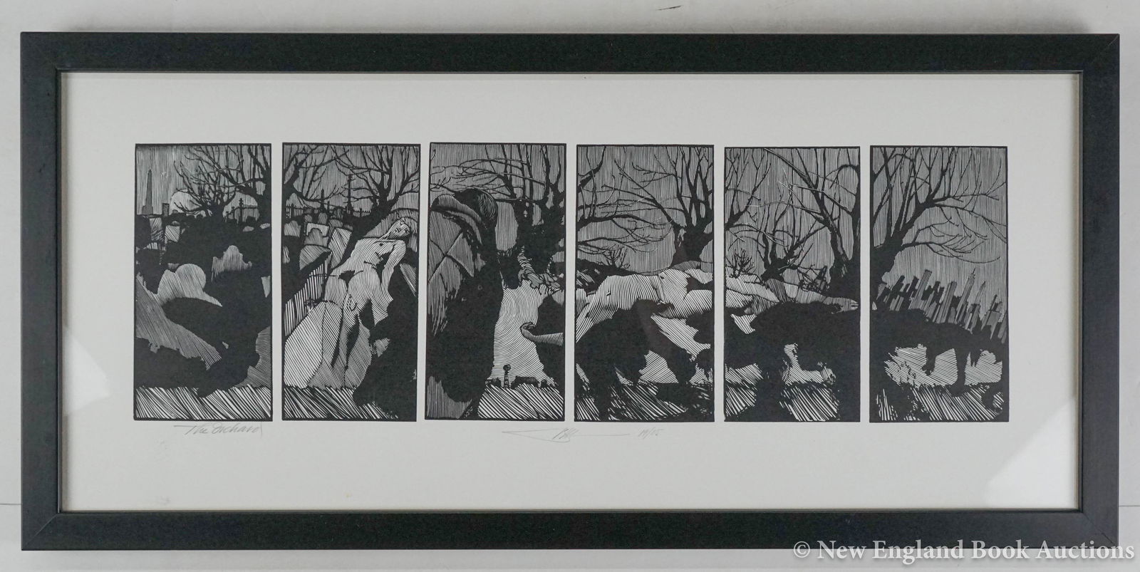 Moser, Barry: 74. Moser, Barry. The Orchard. Six-panel polyptych wood-engraving. 5-1/2 x 17-1/2 inches, neatly matted, in glass-fronted frame. ONE OF 85, SIGNED BY MOSER. Np, Circa 1980 [200/300]