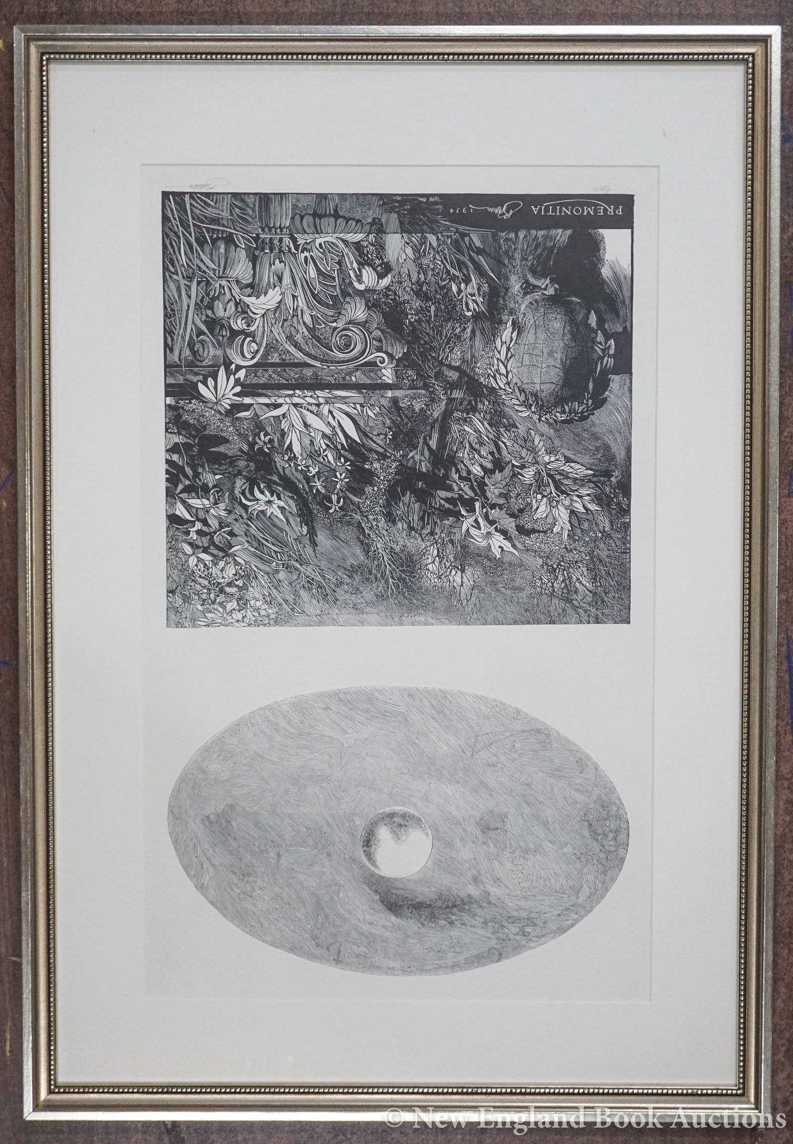 Moser, Barry: 75. Moser, Barry. Premonitia. Wood-engraved print. 27-1/2 x 17-1/2 inches, neatly matted, in glass-fronted frame. ONE OF 200, SIGNED BY MOSER. Np, 1974 [200/300]