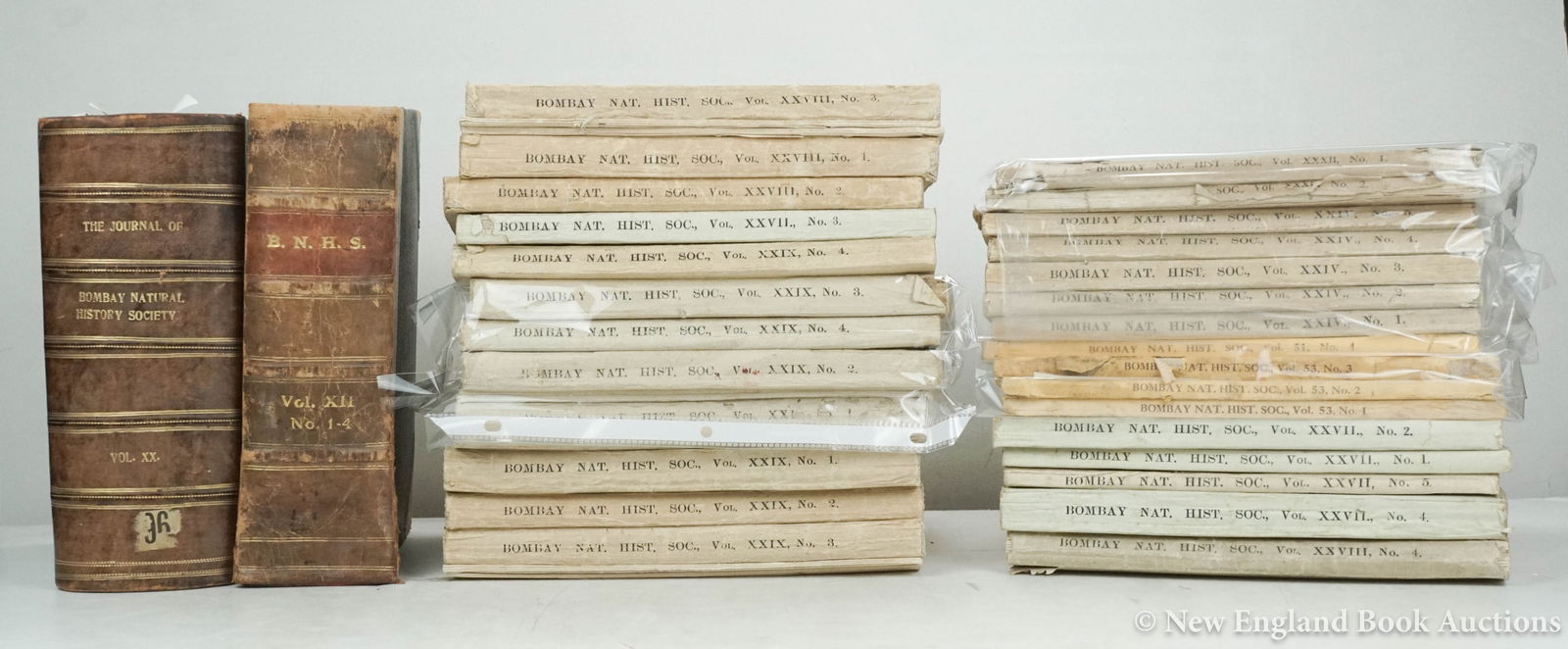 Natural History: 80. Natural History. Journal of the Bombay Natural History Society. Volumes XII, XX, XXIV, XXVII-XXIX. Illustrated, including a few color plates. 8vo, leather-backed or wrappers (a few lacking or torn