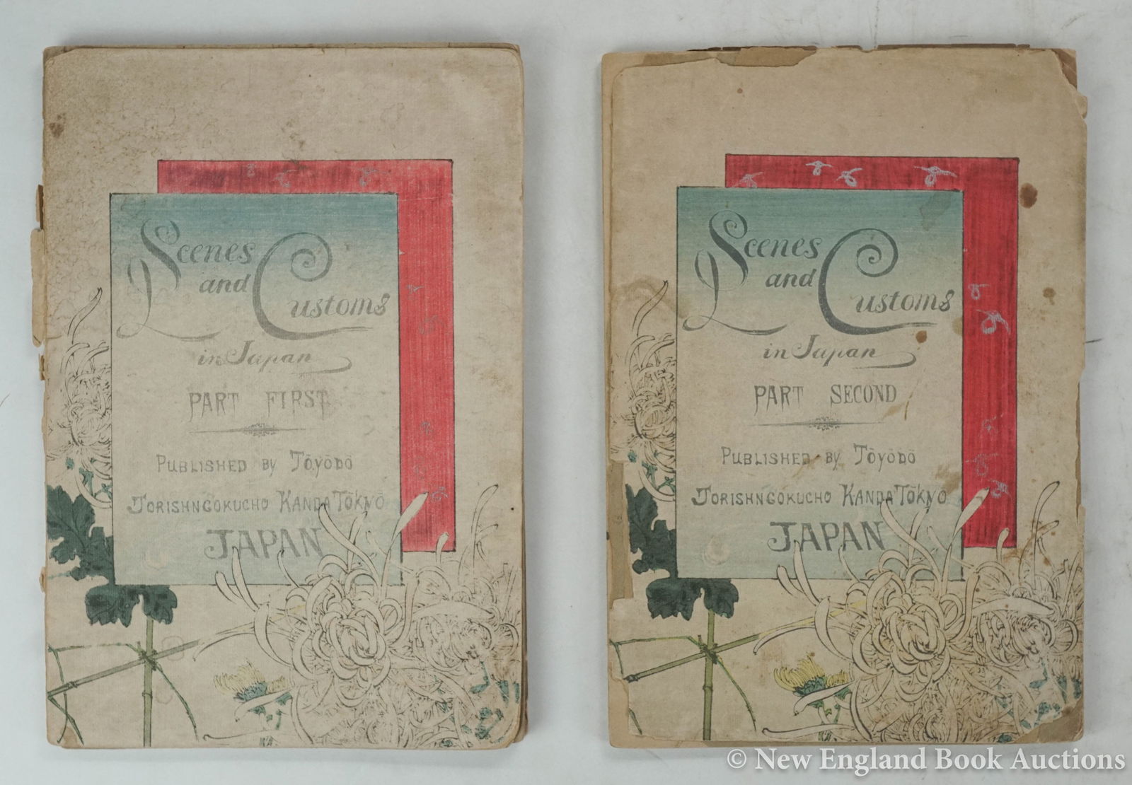 Japan: 93. Japan. Scenes and Customs in Japan. 2 volumes. Color illustrations. Large 8vo, folding accordion style, wrappers (detached); covers frayed, generally sound otherwise. Tokyo: Toyodo , Circa 1900 [6