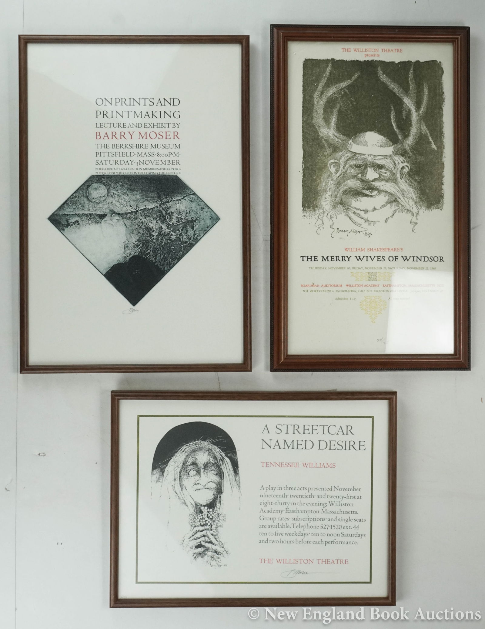 Moser, Barry: 94. Moser, Barry. Group of 3 broadsides, as listed below. Illustrations by Moser. Various sizes, in glass-fronted frames; light wear. Vp, vd [100/150] On Prints and Printmaking. The Berkshire