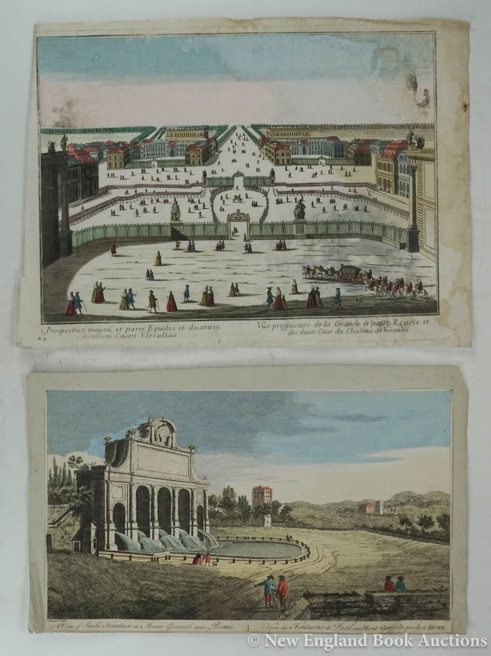 Engraved Prints: 100. Engraved Prints. Piranesi. A View of Paul's Fountain on Mount Gianicilo near Rome * Prospectus magni, et parvi Equilis et duarum cohortium Castri Versaliae. Together 2 hand-colored engraved