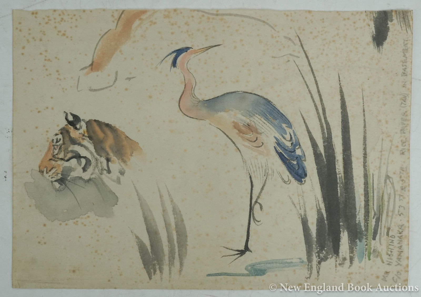 Oriental Watercolor: 101. Oriental Watercolor. ORIGINAL watercolor of a tiger & stork. About 9 x 12-1/2 inches; scattered foxing. Np, nd [75/100] Inscribed "Mr Nishino c/o Yamanaka 53 rd & 5th".