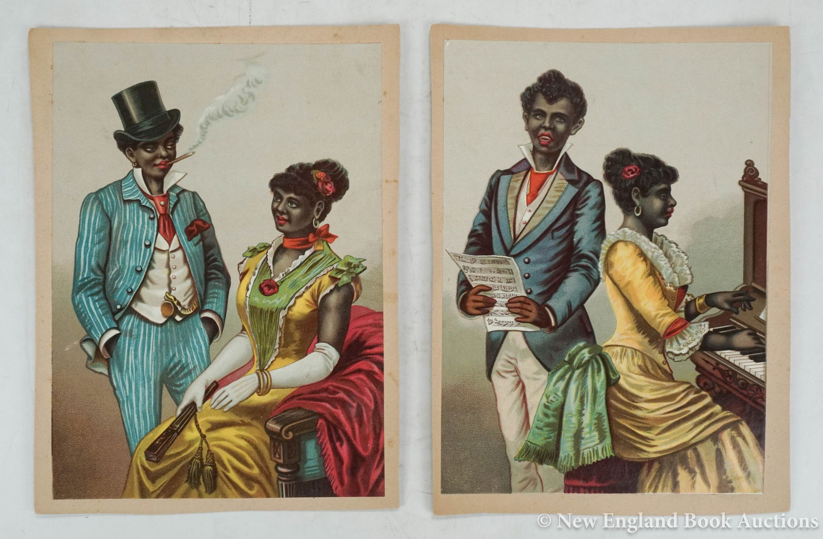 Trade Cards: 105. Trade Cards. Pair of color chromolithographed cards depicting Black Americans. Each 10 x 7-1/2 inches, mounted to board; light wear, without the advertisers stamp in corner. American,