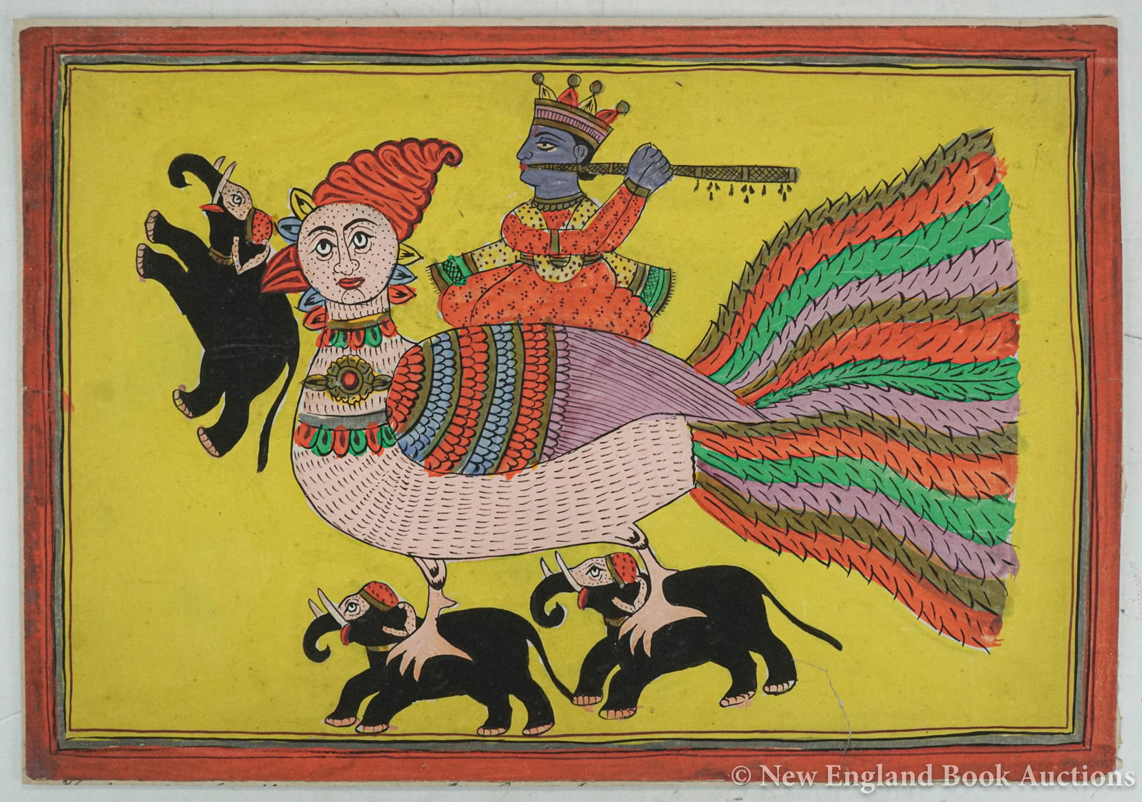 Krishna: 111. Krishna. Original watercolor of Krishna with his flute, riding on his garuda (?). 11 x 16 inches, mounted to board (margins chipped); generally sound. Np, 19th-century? [100/150]