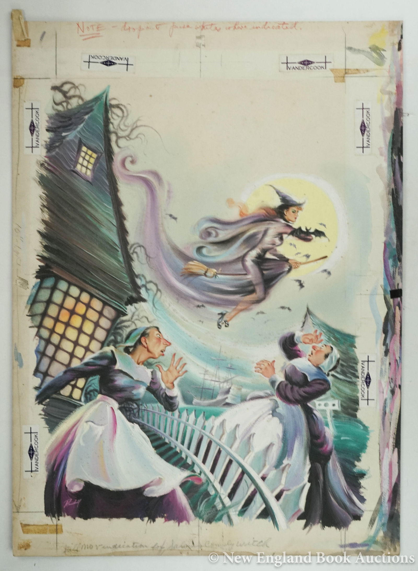 Illustration Art: 113. Illustration Art. Still No Vindication for Salem's Comely Witch. Original watercolor on board. 30 x 21-1/2 inches, vandercook and printing notations on margins, American Weekly publisher's stamp