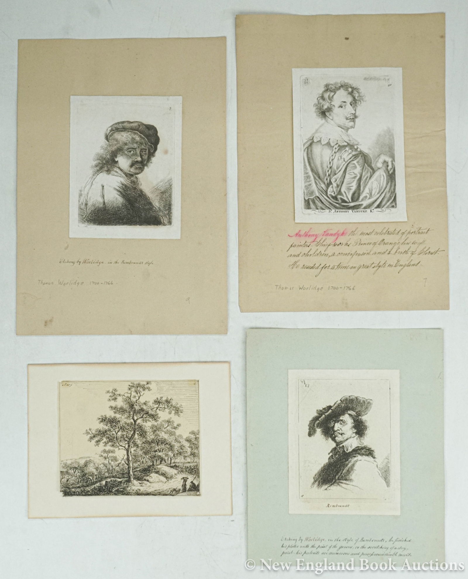 Etchings: 114. Etchings. Group of 9 etchings, in the style of Rembrandt. Various sizes, some mounted or tipped onto paper; varying wear. Np, nd [200/300] Includes: Baillie, William. The Donkey, The