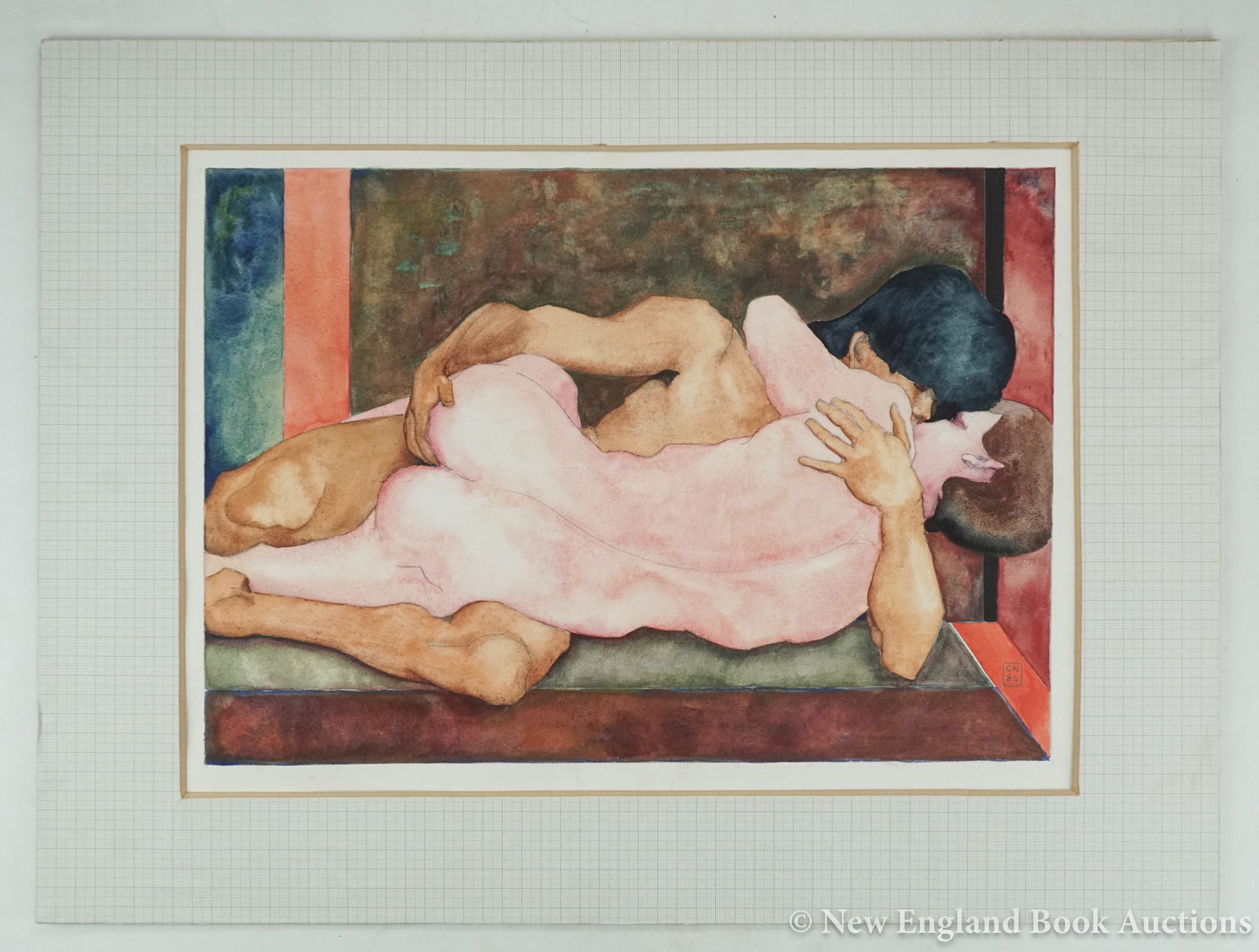 Erotica: 120. Erotica. Original watercolor a male couple in embrace. 12 x 17 inches, matted. Signed "CN 84". Np, 1984 [75/100]