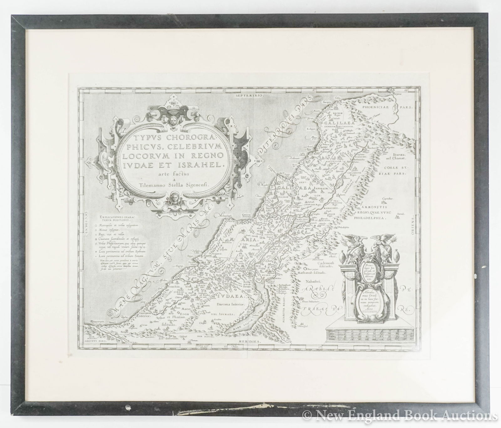 Ortelius, Abraham: 128. Ortelius, Abraham. Typus Chroographicus, Celebrium Locorum in Regno Judae et Israhel. Fine engraved map. Latin text on verso. 14 x 18 inches plus margins, neatly matted, in glass-fronted frame;