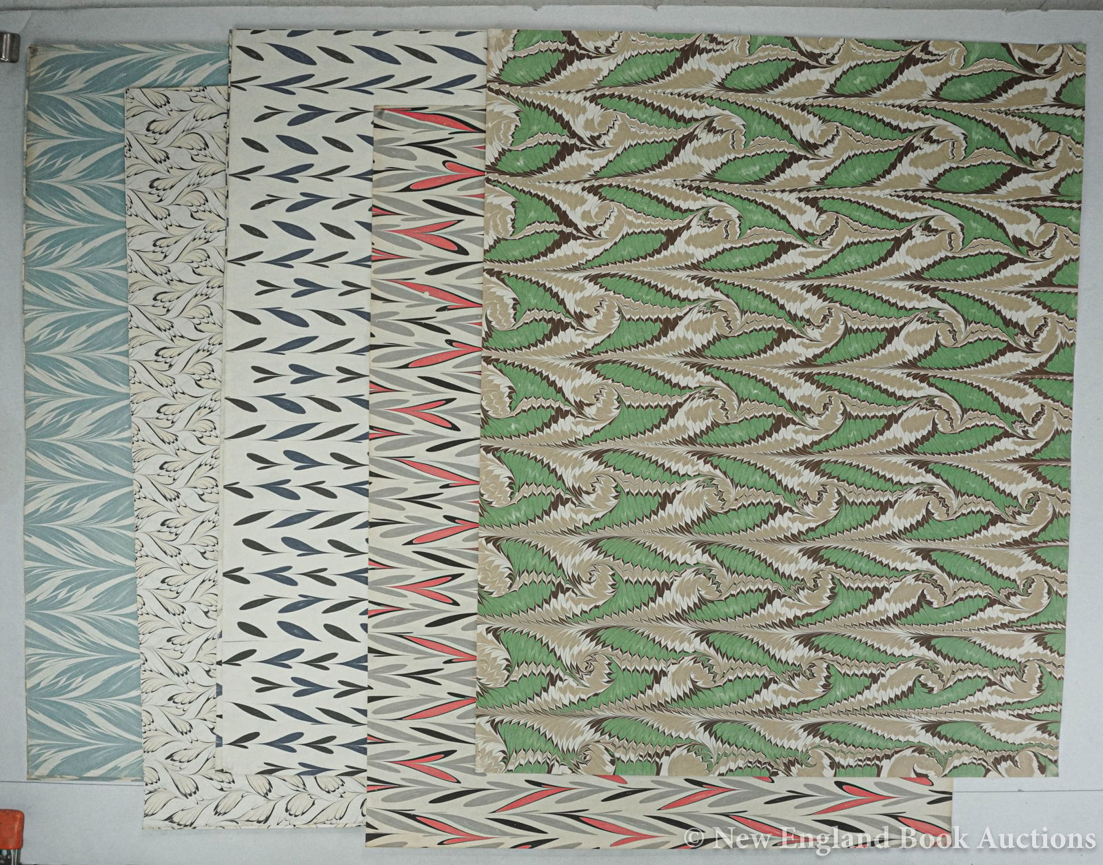 Marbled Paper: 142. Marbled Paper. Collection of 40 sheets. Various designs and colors, a few duplicates. Each about 25 x 20 inches; light wear. Np, nd [200/300]