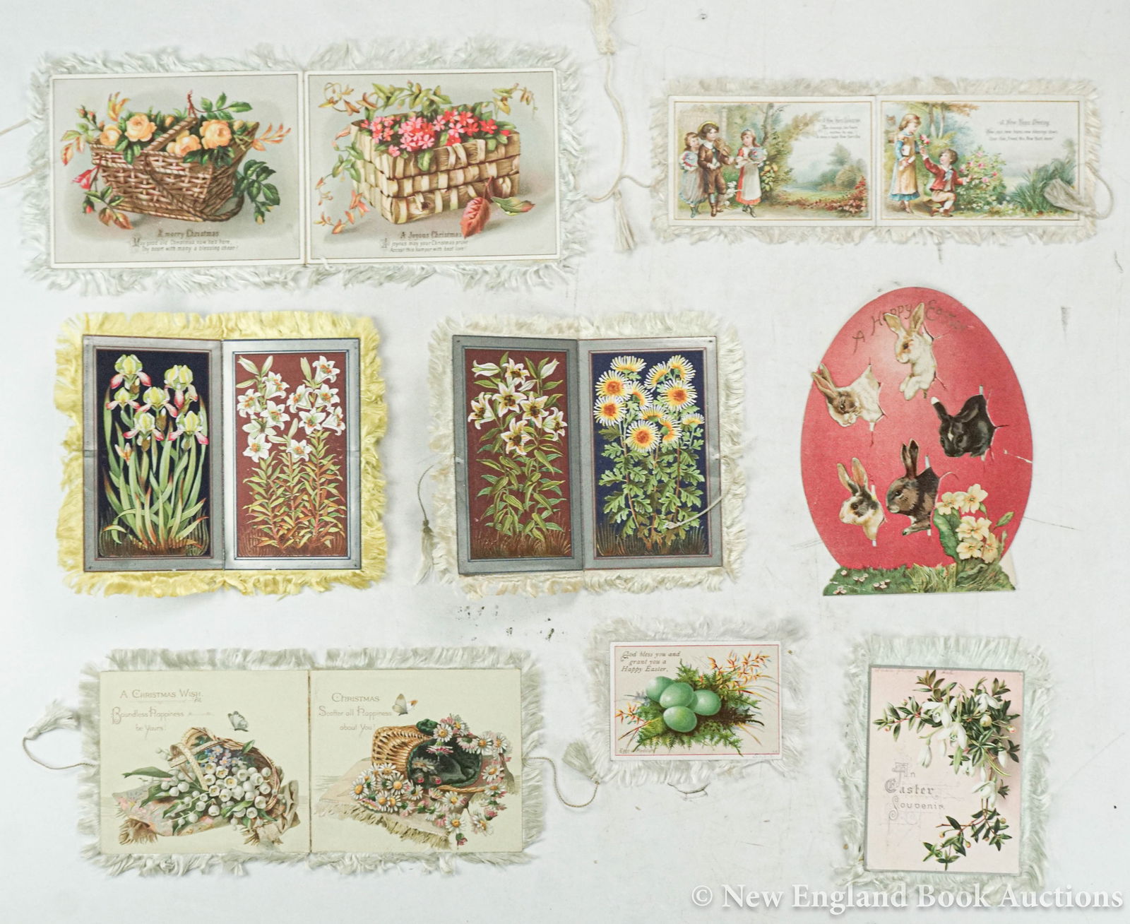 Victorian Greeting Cards: 154. Victorian Greeting Cards. Collection of 45 chromolithographic sentiment cards, most with silk fringe. Between 7 x 5 and 3 x 5 inches; moderate wear. Vp: Prang, Tuck, Marcus Ward and others, 19th-
