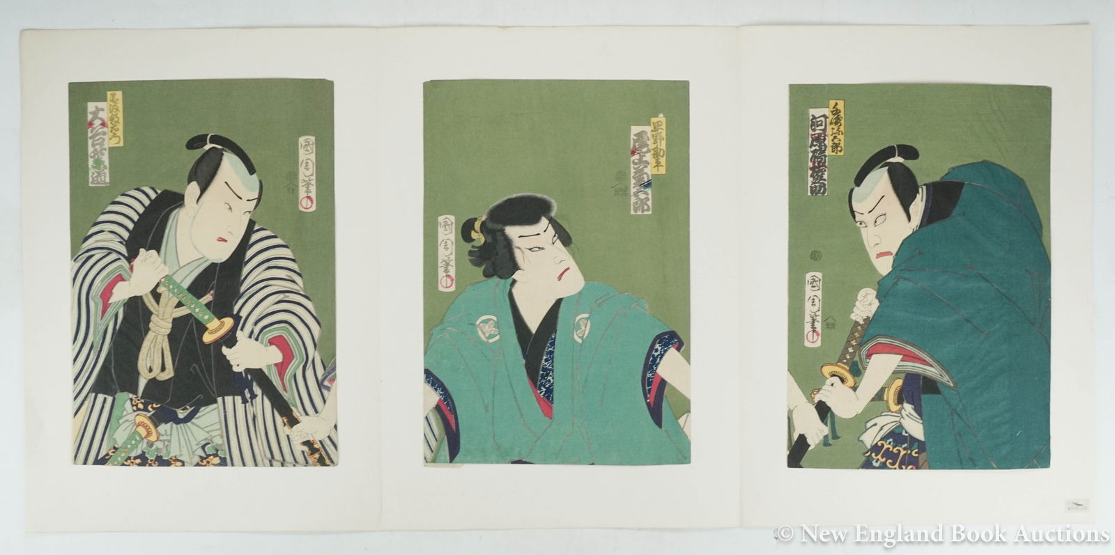 Japanese Woodcut: 155. Japanese Woodcut. Toyohara Kunichika. Kabuki actors. Group of 3 woodblocks. Each 14 x 10 inches, tipped onto paper; moderate wear. Japan, 19th-century [200/300] Signed Toyohara Kunichika