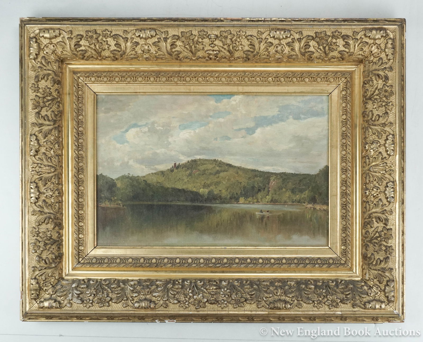 Landscape Oil Painting: 160. Landscape Oil Painting. Original landscape oil on canvas. 9-1/2 x 14-1/2 inches, in gilt composite and wooden frame (a few chips to plaster); slight flaking to canvas. Probably American,