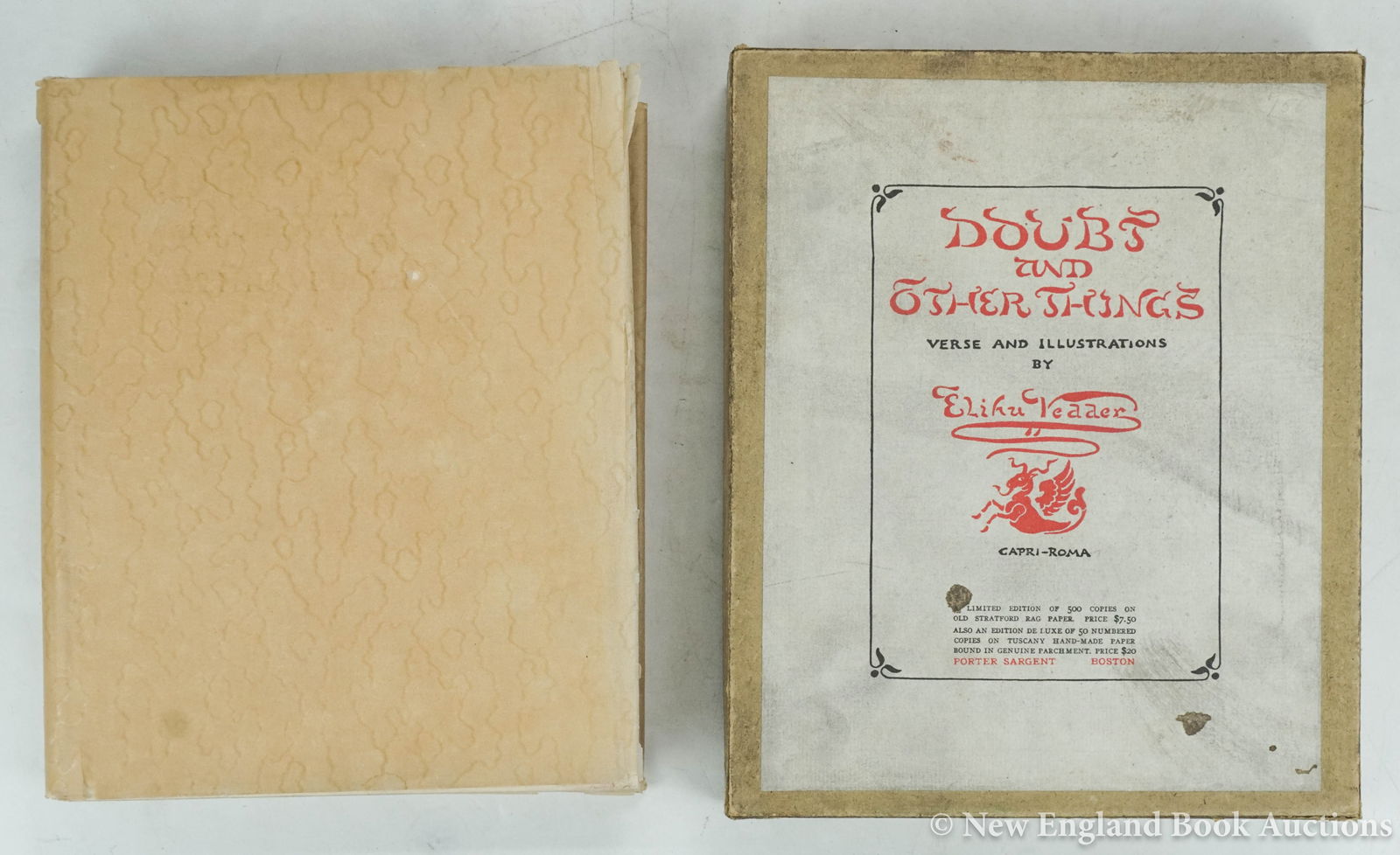Vedder, Elihu: 174a. Vedder, Elihu. Doubt and Other-Things. Verses and illustrations by Vedder. 4to, gilt-lettered boards, uncut and unopened, patterned paper jacket (chipped), original box (soiled and corners repai