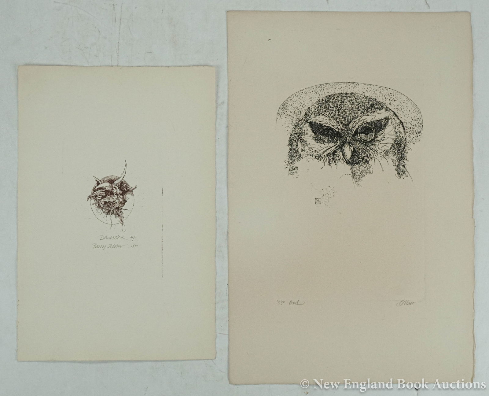 Moser, Barry: 177. Moser, Barry. Owl * Demon. Together 2 wood-engravings. 9 x 6 and 5 x 4 inches respectively plus wide margins. ONE OF 50 OR ARTIST'S PROOF SIGNED BY MOSER. Np, 1970s [75/100]