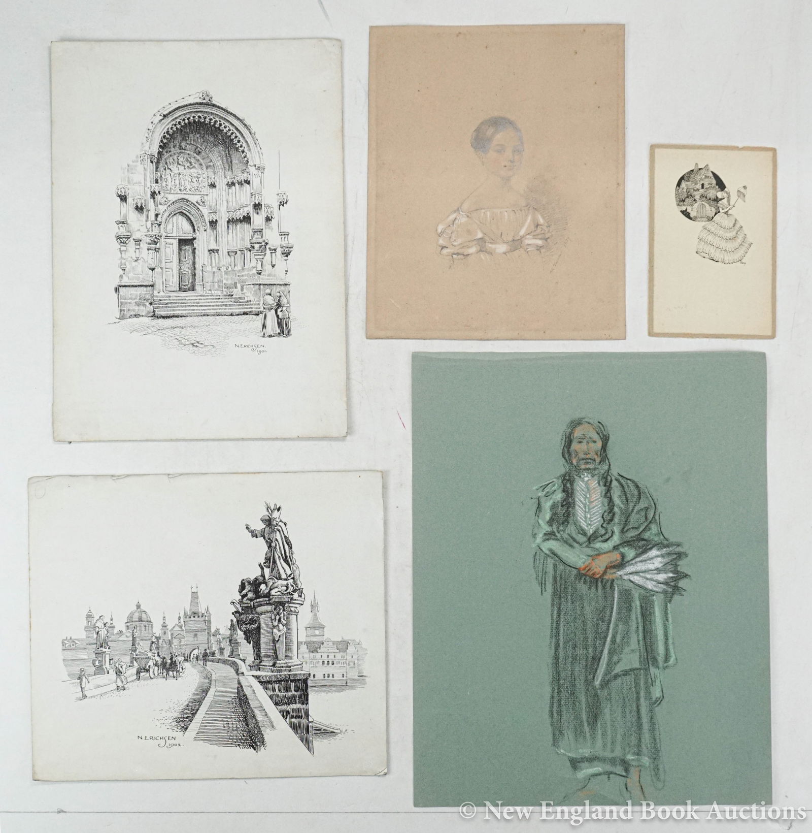 Original Art: 180. Original Art. Group of 5 original ink, pencil or watercolor drawings. Various sizes; most light wear. Np, vd [200/300] Includes: Nelly Eriichsen. 2 pen & ink drawings. Each 12 x 9 inches. SIGNED.