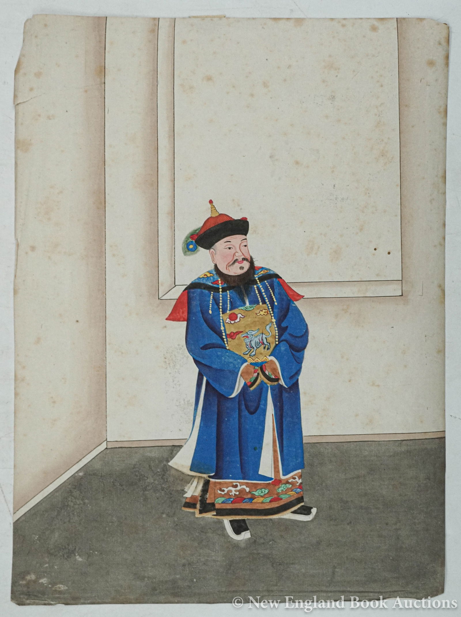 Chinese Watercolor: 184. Chinese Watercolor. Watercolor portrait on laid paper. 15 x 11-1/2 inches; scattered foxing, margins creased with a few margin tears. China, 19th-century [75/100]