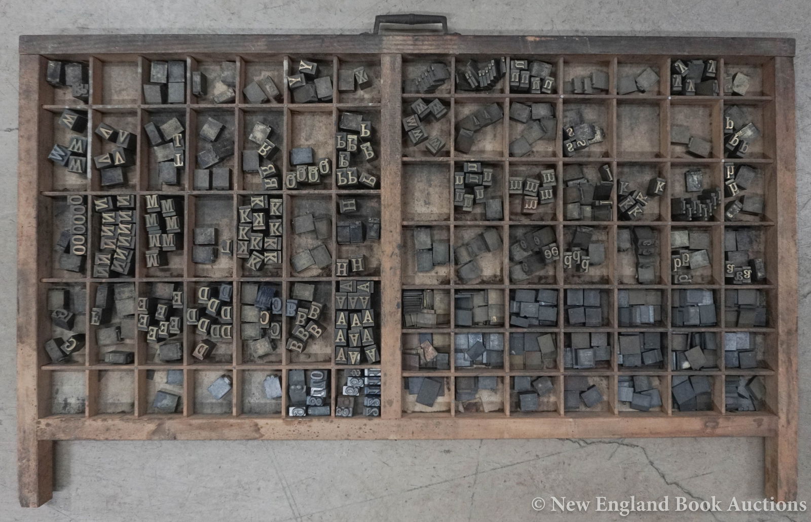 Printing Type: 192. Printing Type. Set of 36 & 48 pt mostly brass type. Over 250 pieces + a couple of hundred spacers (type drawer provided). Np, nd [125/175]