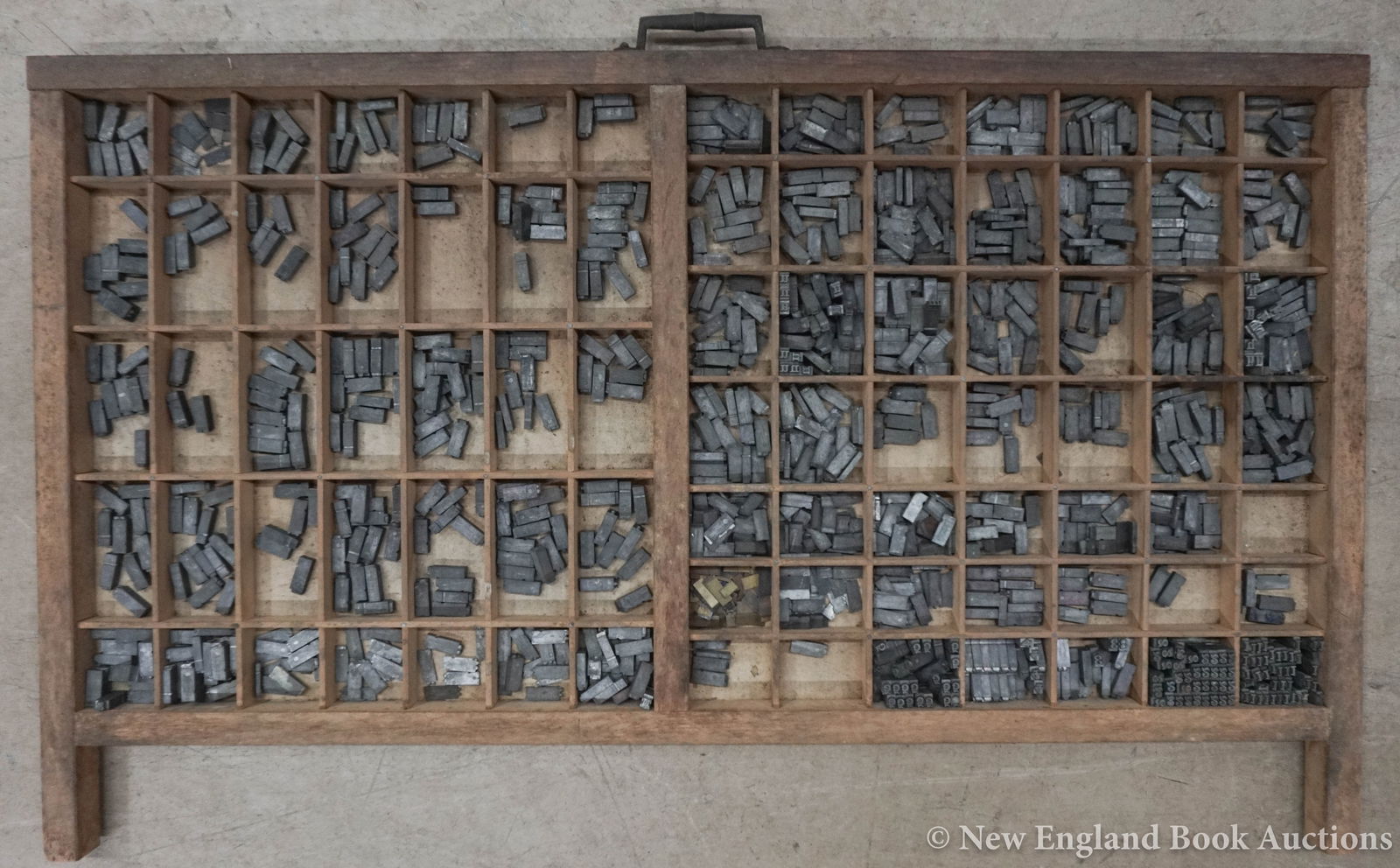 Printing Type: 195. Printing Type. Set of 24 pt lead alloy type. Over 500 pieces (type drawer provided). Np, nd [125/175]