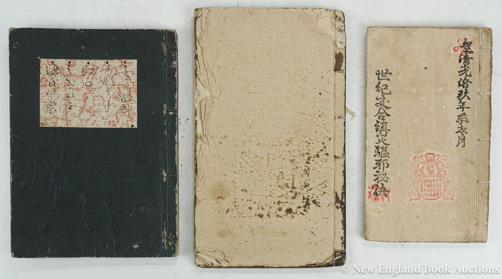 Asian Woodblock Books: 198. Asian Woodblock Books. Group of 3 woodblock books. 2 illustrated. 8vo, wrappers, sewn spines; some soiling, margins frayed, etc. China & Japan, 18th-19th-century [125/175]