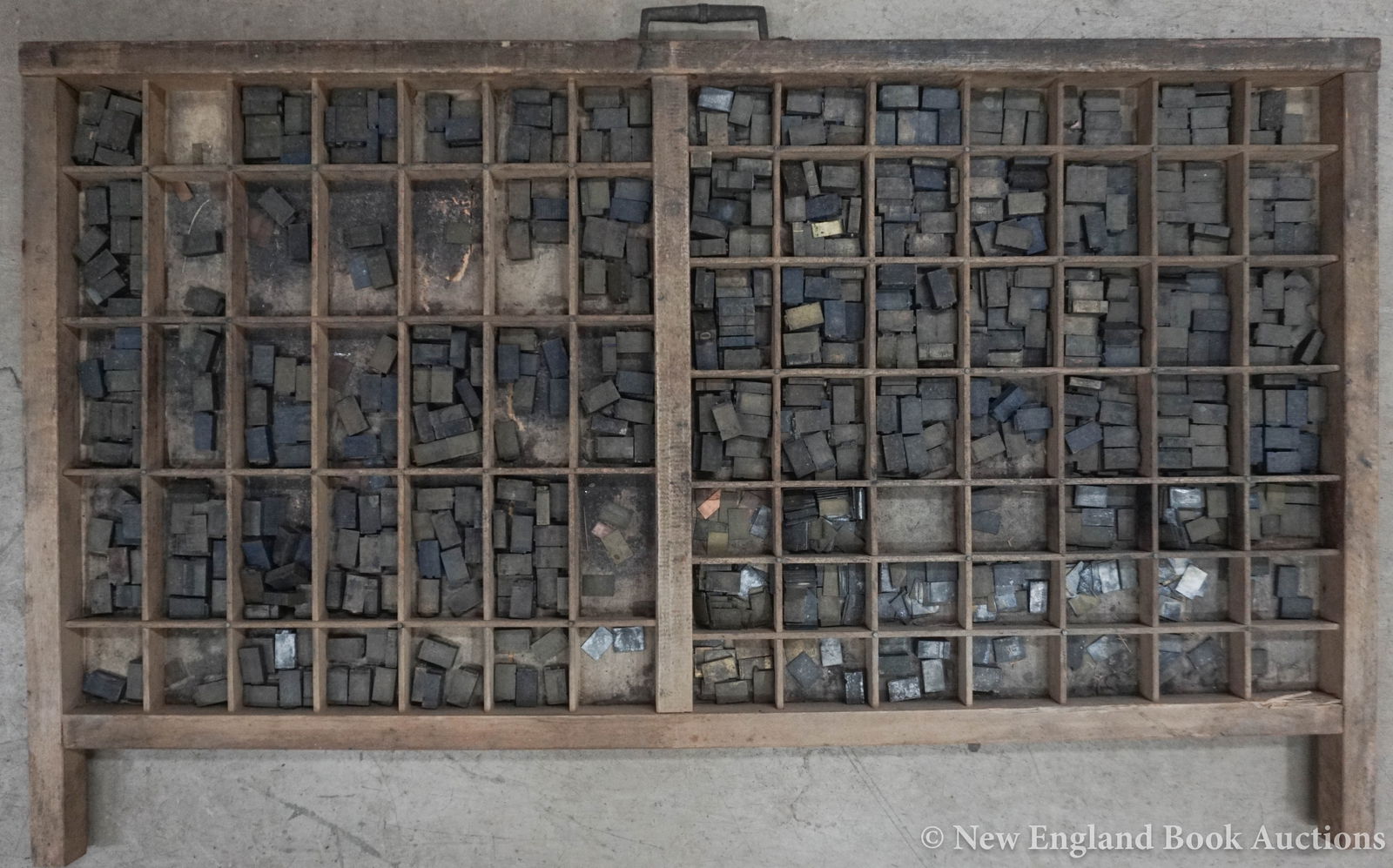 Printing Type: 201. Printing Type. Set of 26-36 pt mostly brass alloy type. Over 400 pieces (type drawer provided). Np, nd [125/175]