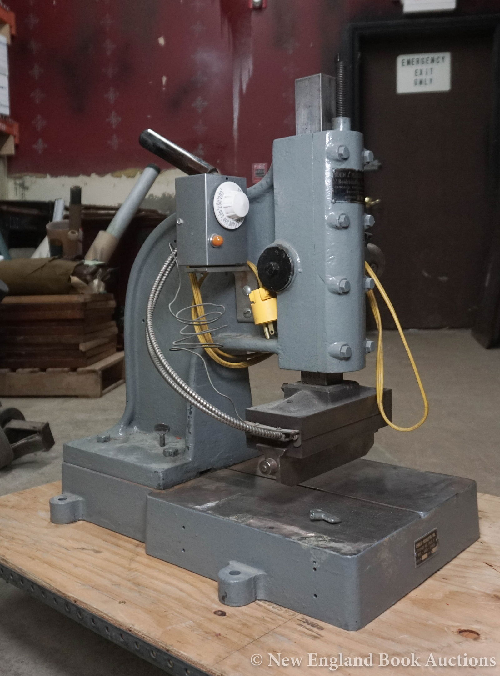 Bookbinding: 205. Bookbinding. John J. Pleger Company #106. Hot gilt type stamping machine. Removable base about 21-1/2 x 14 inches, total height (including handle) about 23 inches. American, Early 20th-century