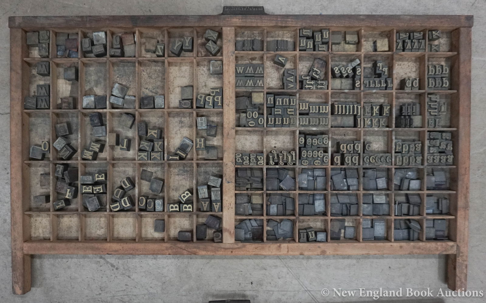 Printing Type: 213. Printing Type. Group of 60 & 42 pt mostly brass alloy type. Over 250 pieces + a group of leads and slugs (type drawer provided). Np, nd [125/175]