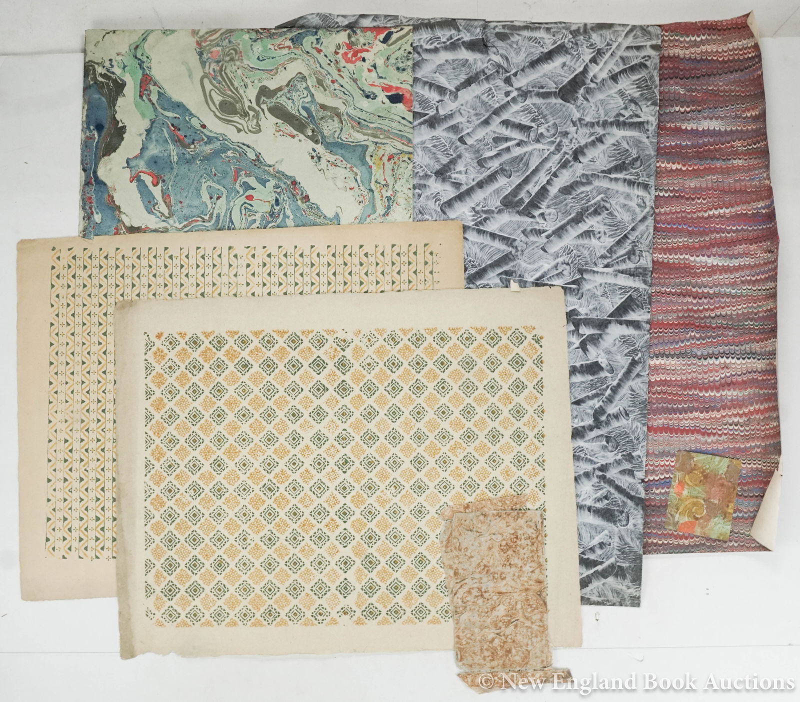 Bookbinding Paper: 220. Bookbinding Paper. Group of over 40 sheets + over 100 cut leaves of varying size. Some patterned. Various sizes and colors; some cut. Np, 19th-20th century [400/600]