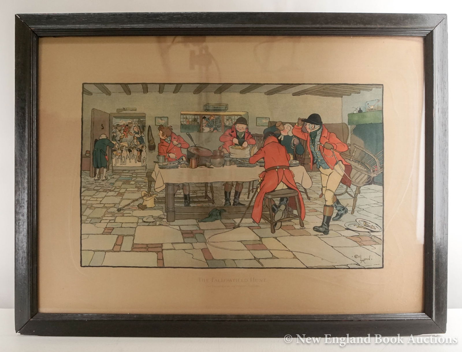 Aldin, Cecil: 223. Aldin, Cecil. The Fallowfield Hunt. The Hunt Supper * ditto. The Breakfast at the Three Pigeons. Together 2 chromolithograph prints. Each 12 x 19 inches, neatly matted, in glass-fronted frame. 