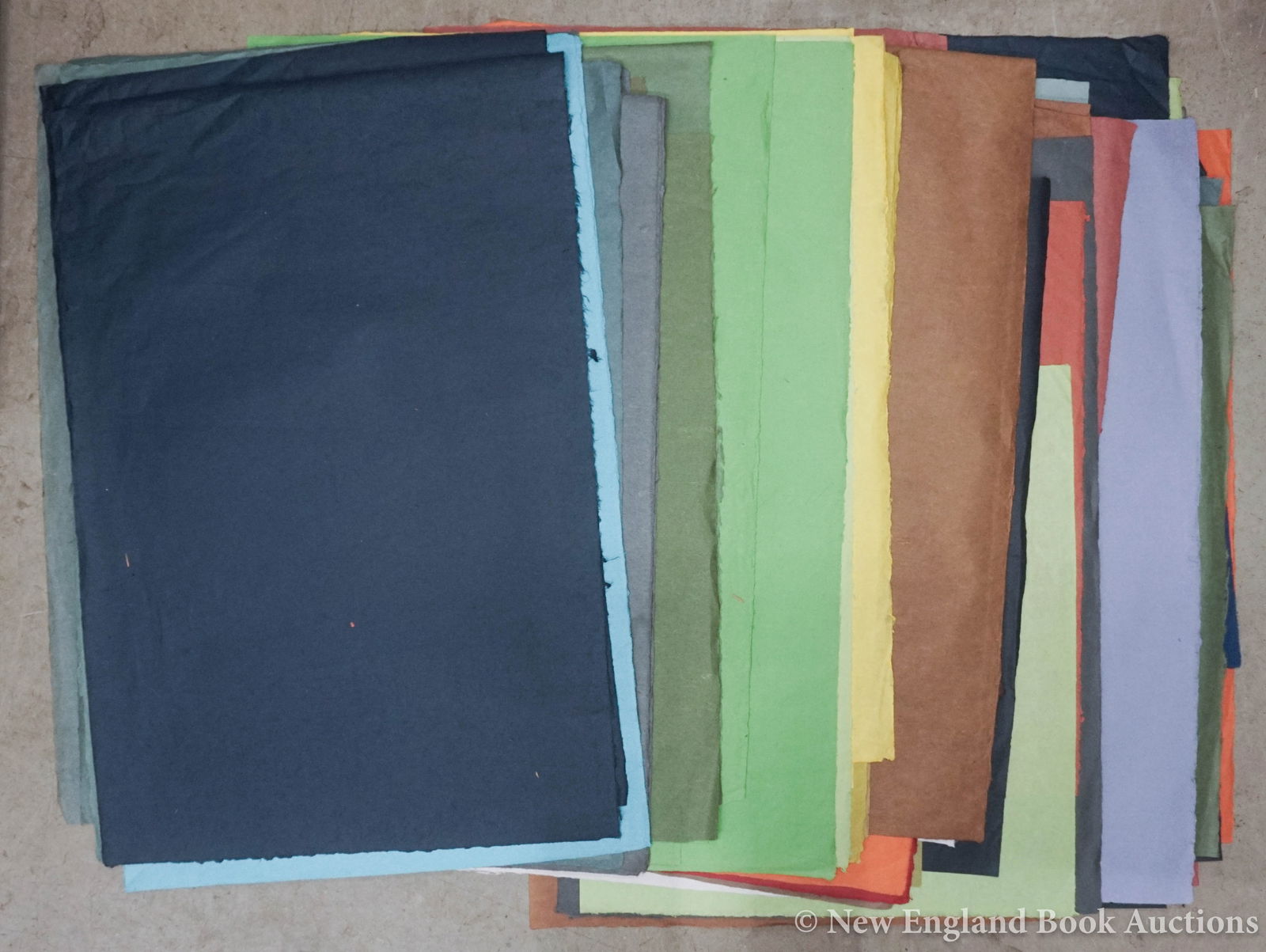 Paper: 225. Paper. Collection of over 100 sheets of various colors and patterns. Most around 25 x 18 inches; a few clipped, generally sound. Np, nd [500/600]