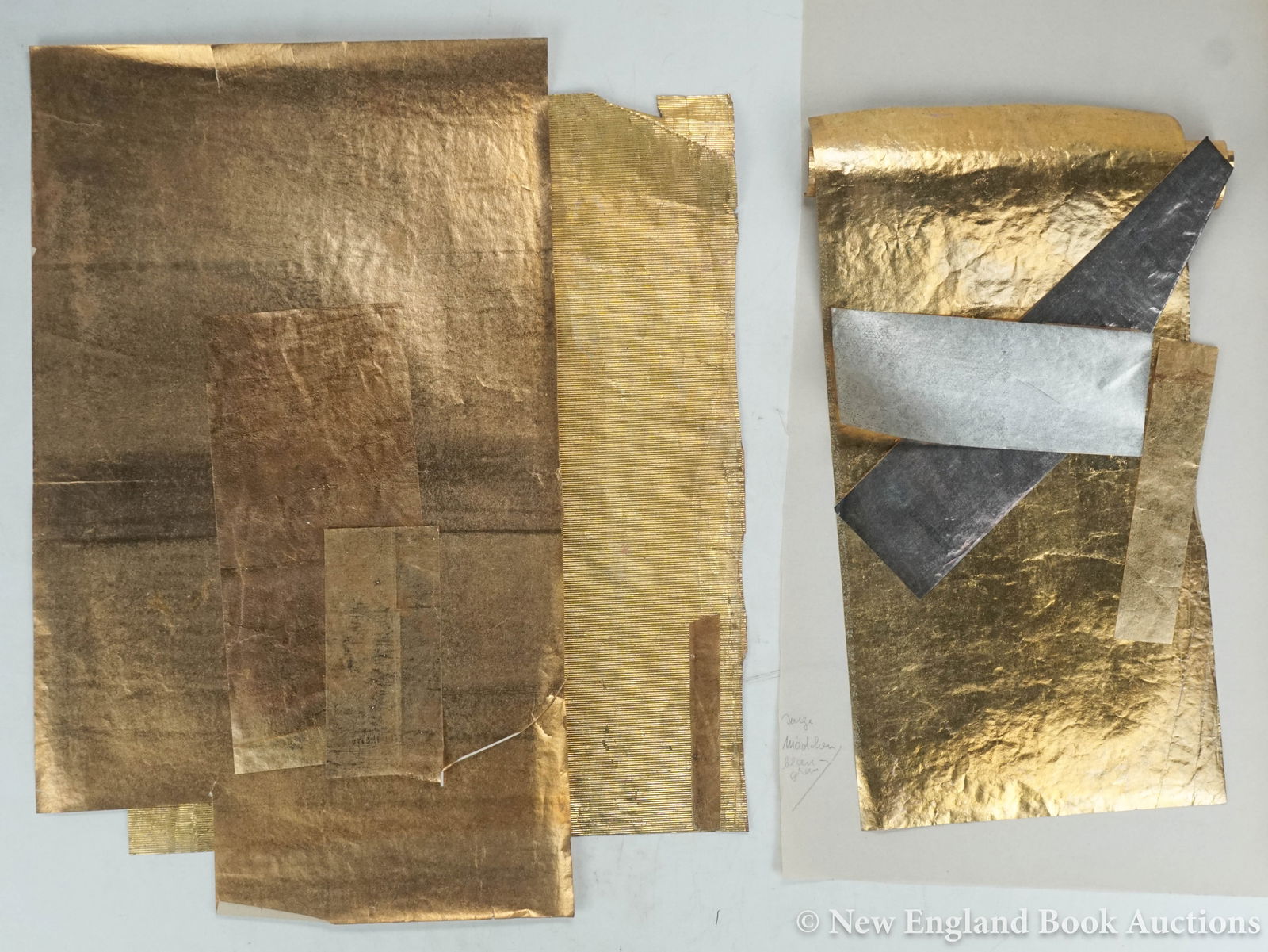 Gilt Foil: 226. Gilt Foil. Group of over 20 sheets from 10 x 16 to 3 x 5 inches + 2 small rolls; varying wear. Np, nd [100/150]