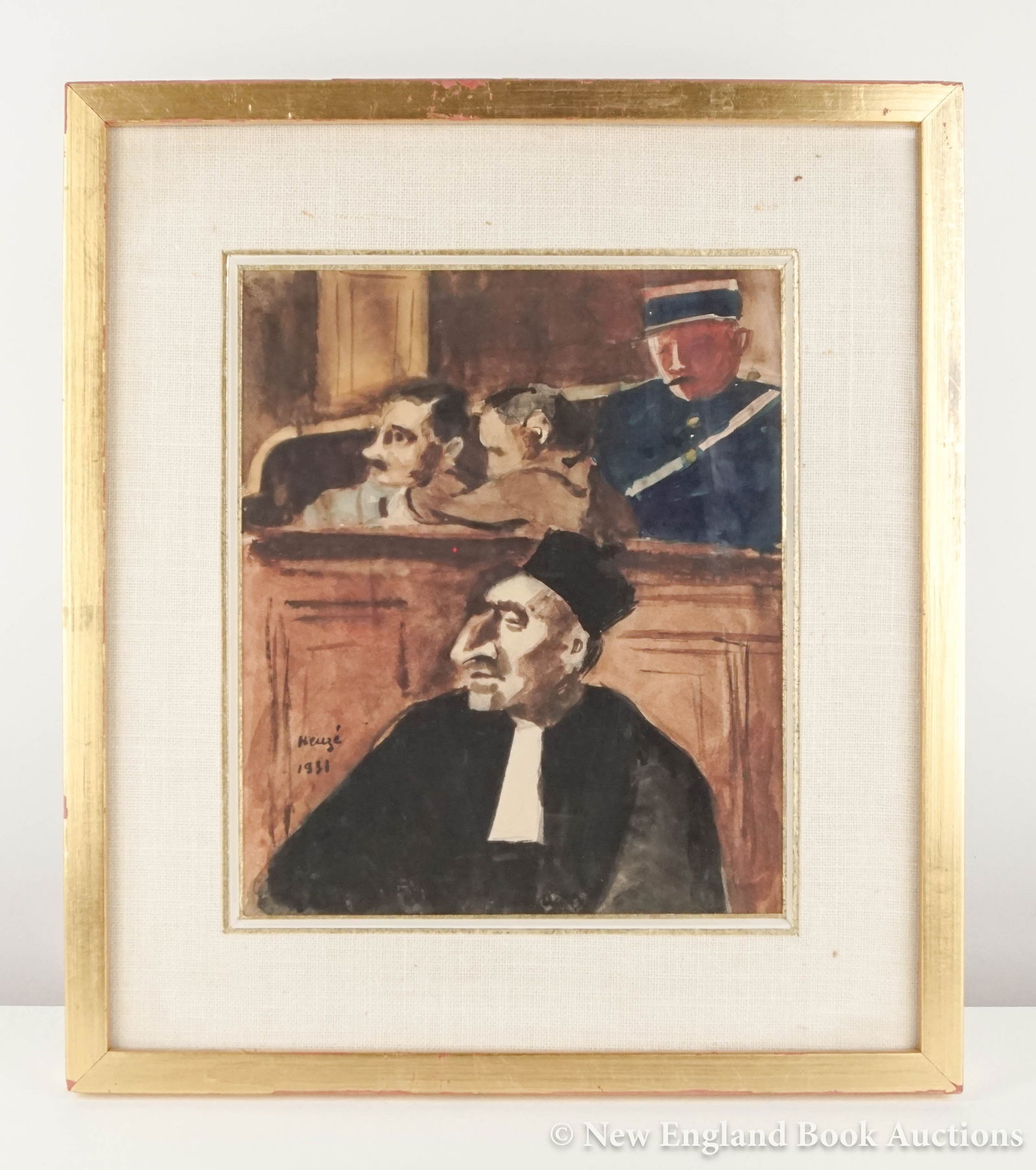 Heuzé, Edmond Amédée: 227. Heuzé, Edmond Amédée. The Lawyer. Fine watercolor on paper. 9 x 8 inches, neatly matted, in glass-fronted frame. SIGNED BY HEUZE. Np, 1931 [100/150]