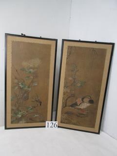 Oriental Panels: 228. Oriental Panels. Pair of 36" x 19" Japanese panels with birds & floral decoration; 1 small hole, generally sound otherwise. Japan, Meiji [75/100]
