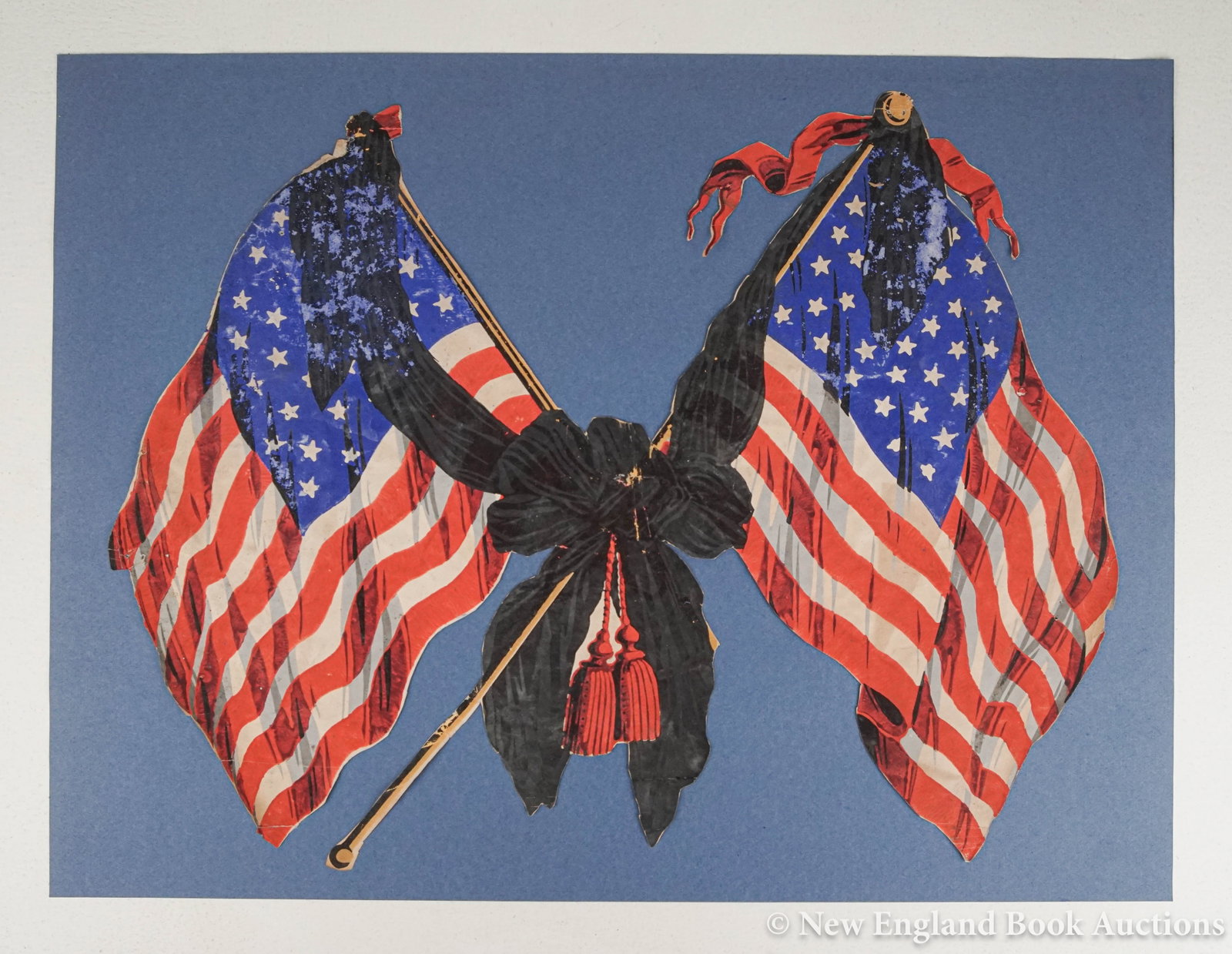 Americana: 8. Americana. Colored paper crossed flags with black memorial drape. About 21 x 16 inches; closed tears at center, color flaking at upper margins. American, 19th-century [100/150]