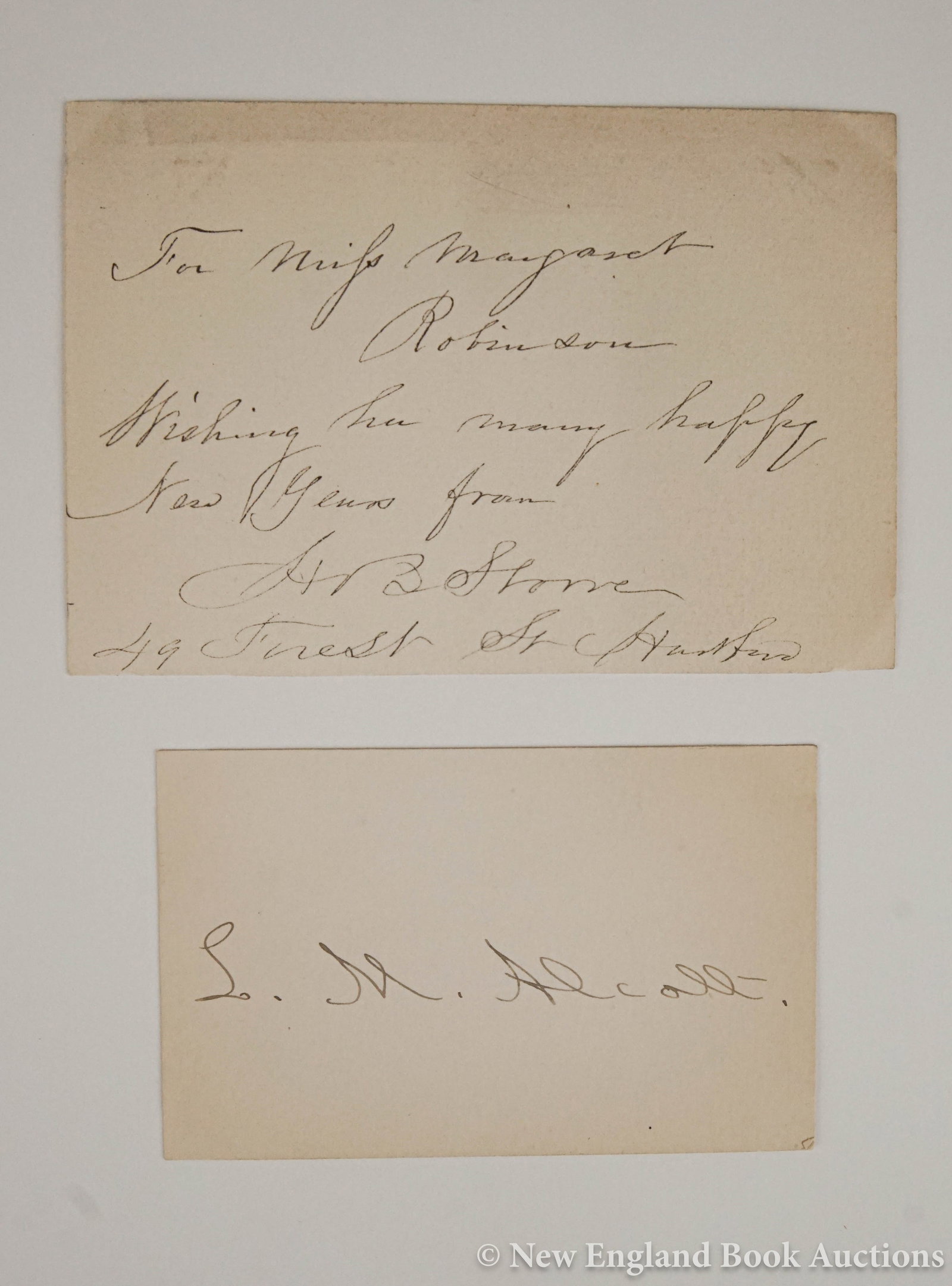 Autographs: 16. Autographs. Autograph Note Signed H. B. Stowe, "To Miss Margaret Robinson. Wishing for many happy New Years." * Card Signed L. M. Alcott. Together 2 autographs. 3 x 4-1/2 and 2-1/2 x 3-3/4 inches