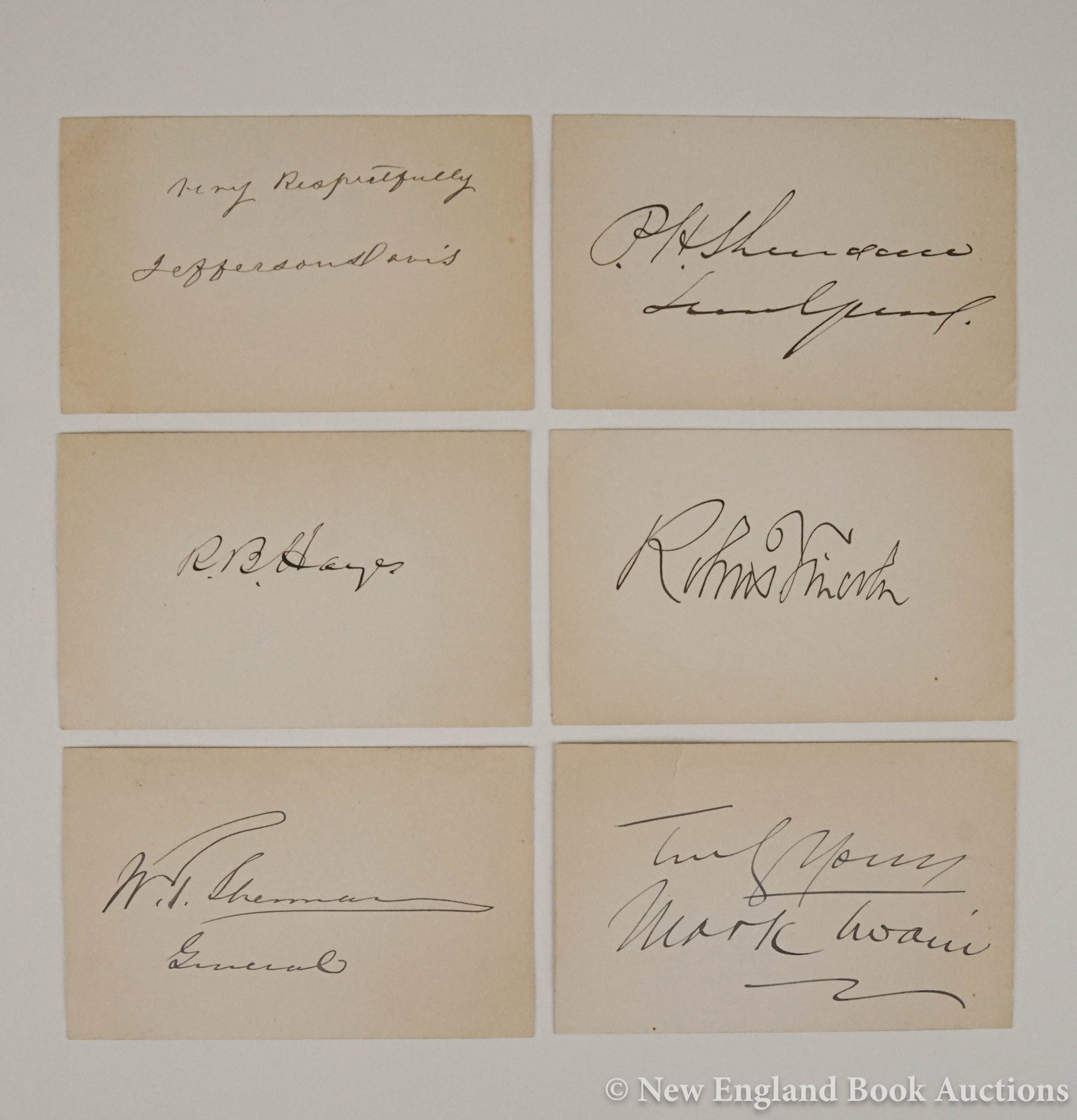 Autographs: 17. Autographs. Group of 6 autographed cards, as listed below. Each about 2-1/4 x 3-1/5 inches; first with margin tear. Np, nd [500/700] Mark Twain * P. H. Sheridan* Jefferson Davis * R. B. Hayes *