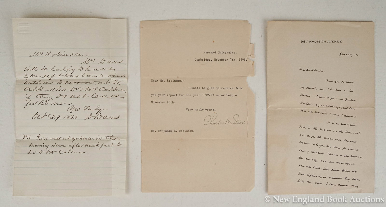Autographs: 19. Autographs. Group of 3 autograph letters, as listed below. Between 1 and 1-1/4 pages. 8vo, various formats; a few margin tears. Vp, vd [75/100] Lippmann, Walter. Thanking Mr. Robinson for sending