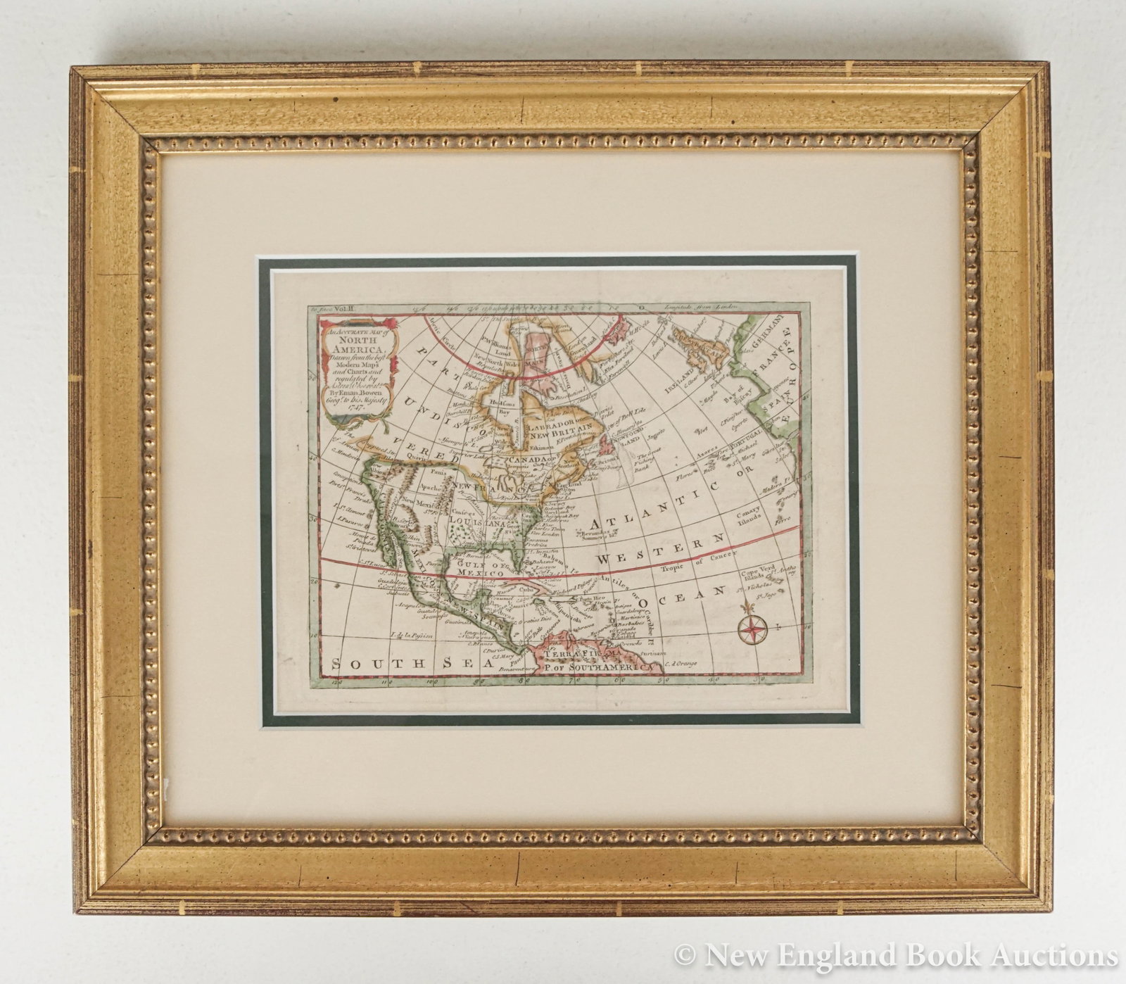 Bowen, Emmanuel: 31. Bowen, Emmanuel. An Accurate Map of North America * A Map of the British American Plantations. Together 2 colored engraved maps. Each about 7 x 9 and 11 x 9 inches respectively, glass-fronted