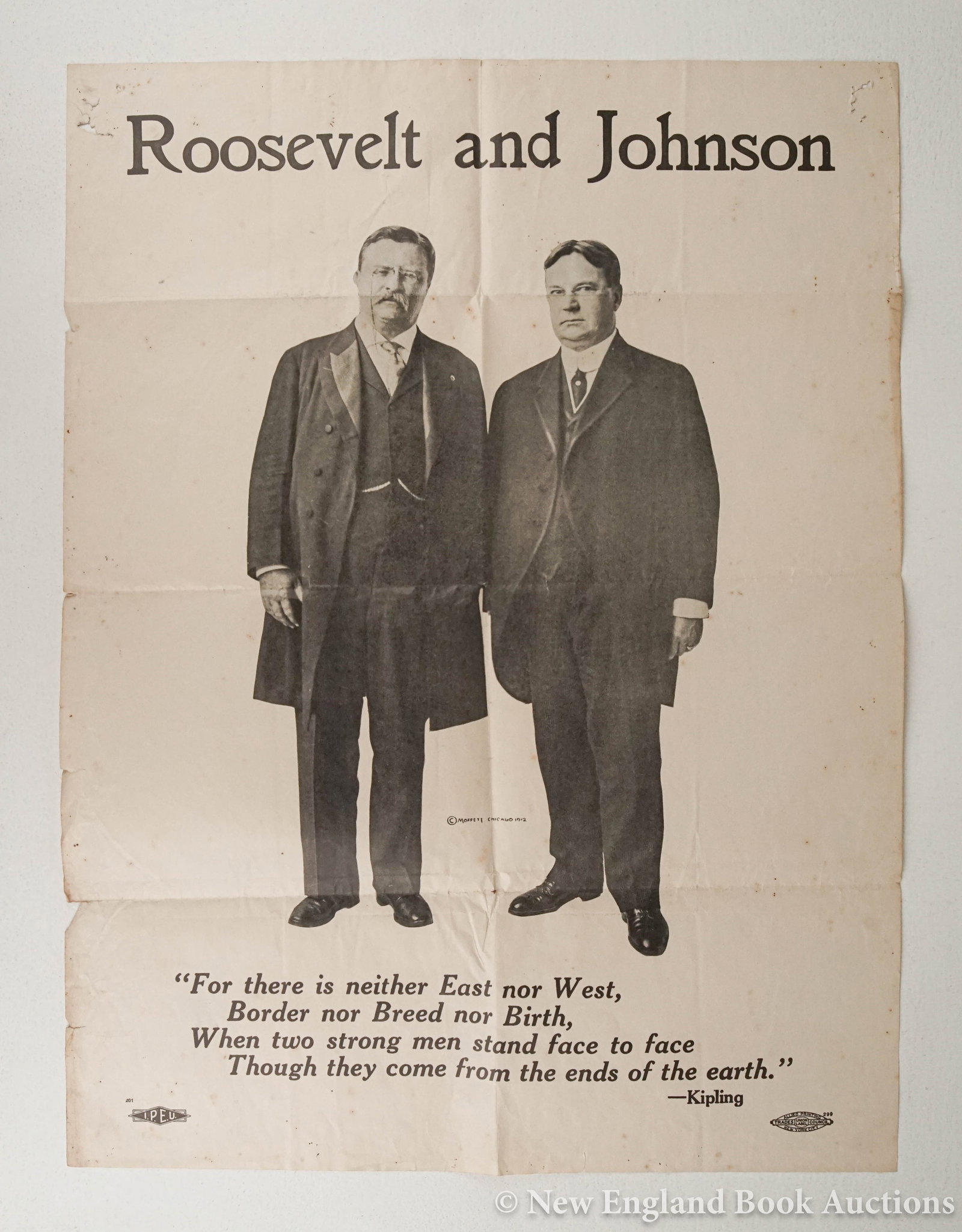 Bull Moose Party: 36. Bull Moose Party. Roosevelt and Johnson. Original campaign poster. 24 x 18 inches; some foxing, pin holes at corners, numerous pencil equations on verso. New York: Allied Printing, Circa 1912 [150