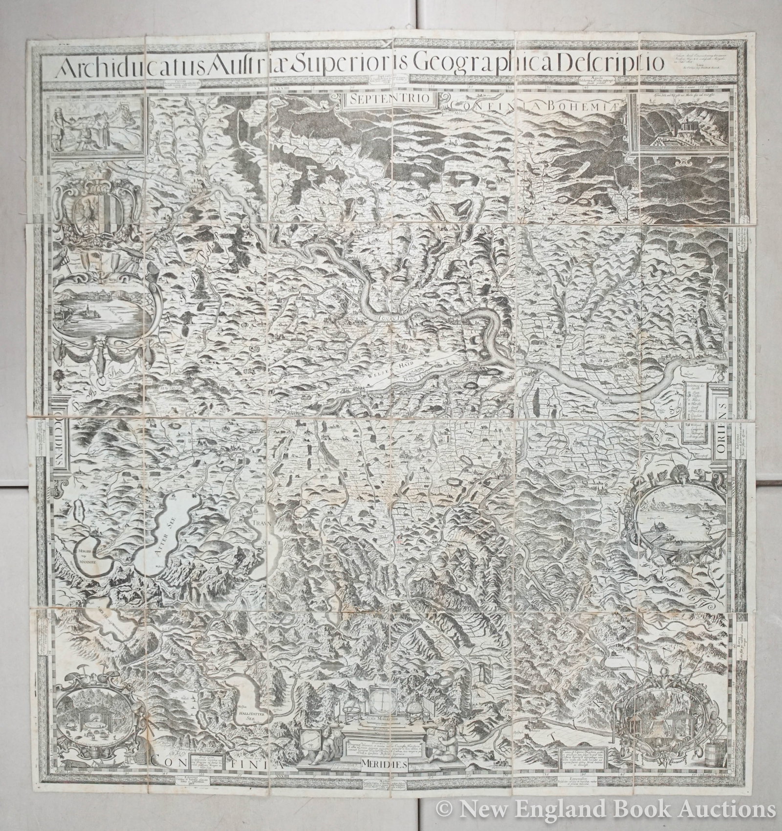 Cartography: 39. Cartography. Visscher. Archiducatus Austriae Superioris Geographica Descriptio. 49 x 46-1/2 inch engraved map in 24 sections, linen-backed; some staining. Np, Circa 1800s [100/150] Reprint of a