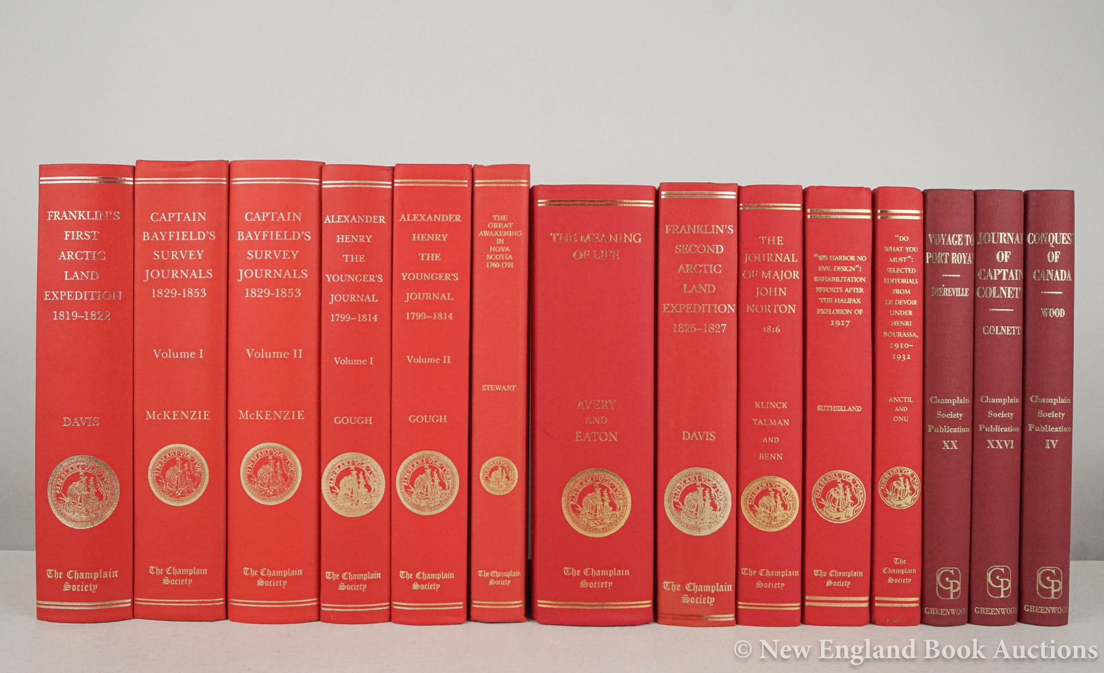 The Champlain Society: 46. The Champlain Society. Group of 14 volumes, including 3 facsimile editions. Some illustrated. 4to, cloth; light wear. Toronto or New York, vd [300/500] Includes: Davis. Sir John Franklin's
