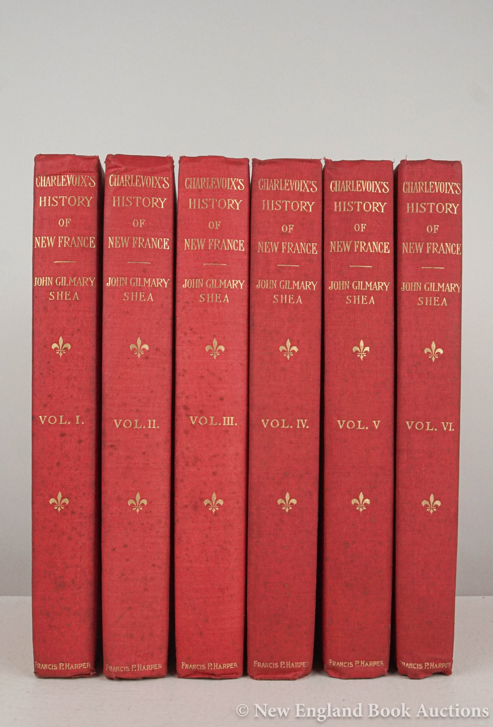 Charlevoix, Rev. P. F. X: 47. Charlevoix, Rev. P. F. X. History and General Description of New France. Frontispieces, several plates and maps (most folding). 6 volumes. 4to, red cloth; moderate wear, soiled, light mold, some