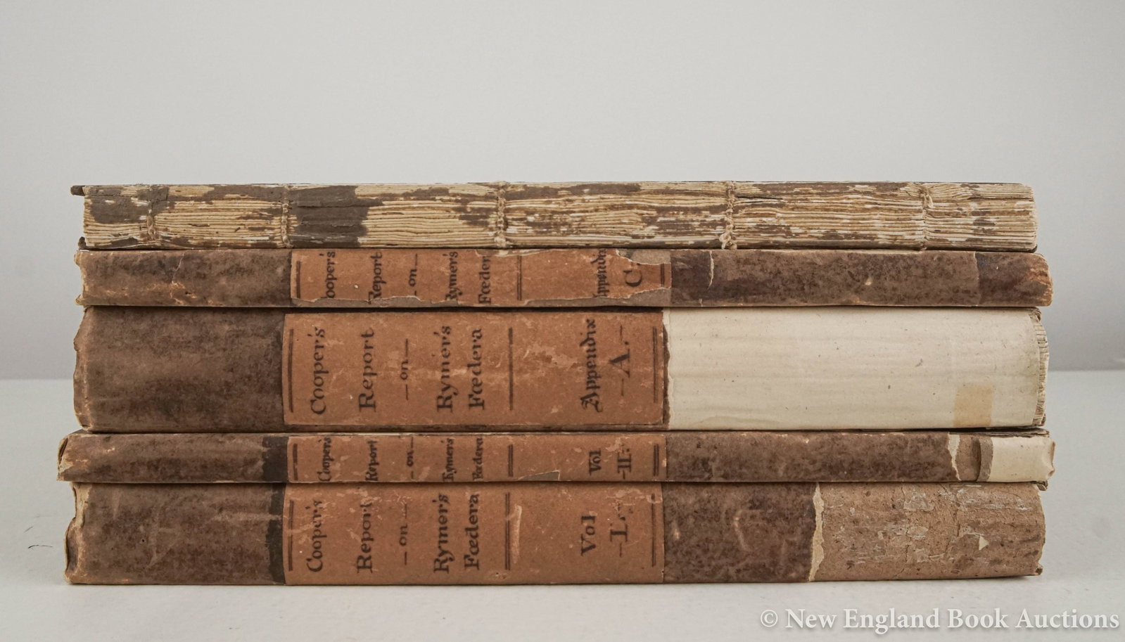 Cooper, C. P: 58. Cooper, C. P. Report on the New Edition of Rymer's Foedera. 5 volumes, including 3 appendices. Tall 8vo, boards; spines chipped with loss, manuscript titles inserted (by Cooper ?), generally