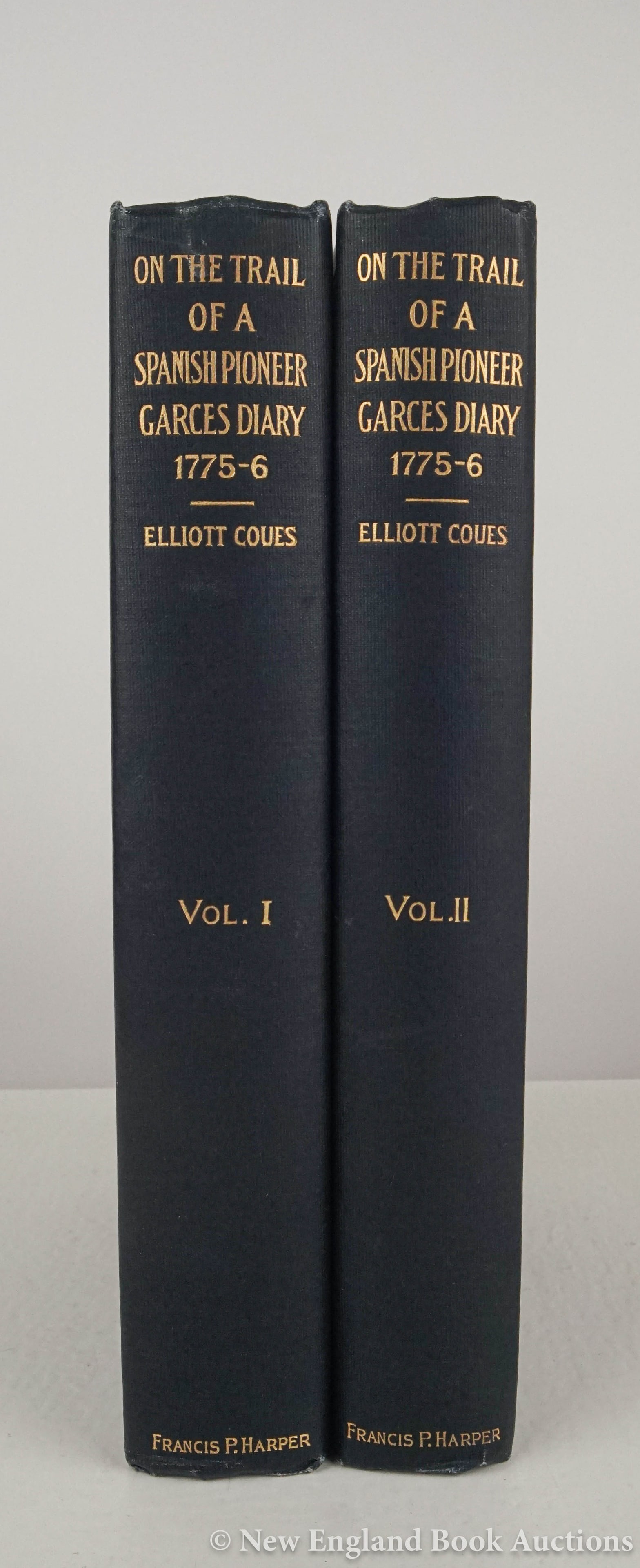 Coues, Elliott: 63. Coues, Elliott. On the Trail of a Spanish Pioneer the Diary and Itinerary of Francisco Garc?s. Illustrated. 2 volumes. 8vo, gilt-lettered cloth; moderate wear. New York: Francis P. Harper, 1900 [1