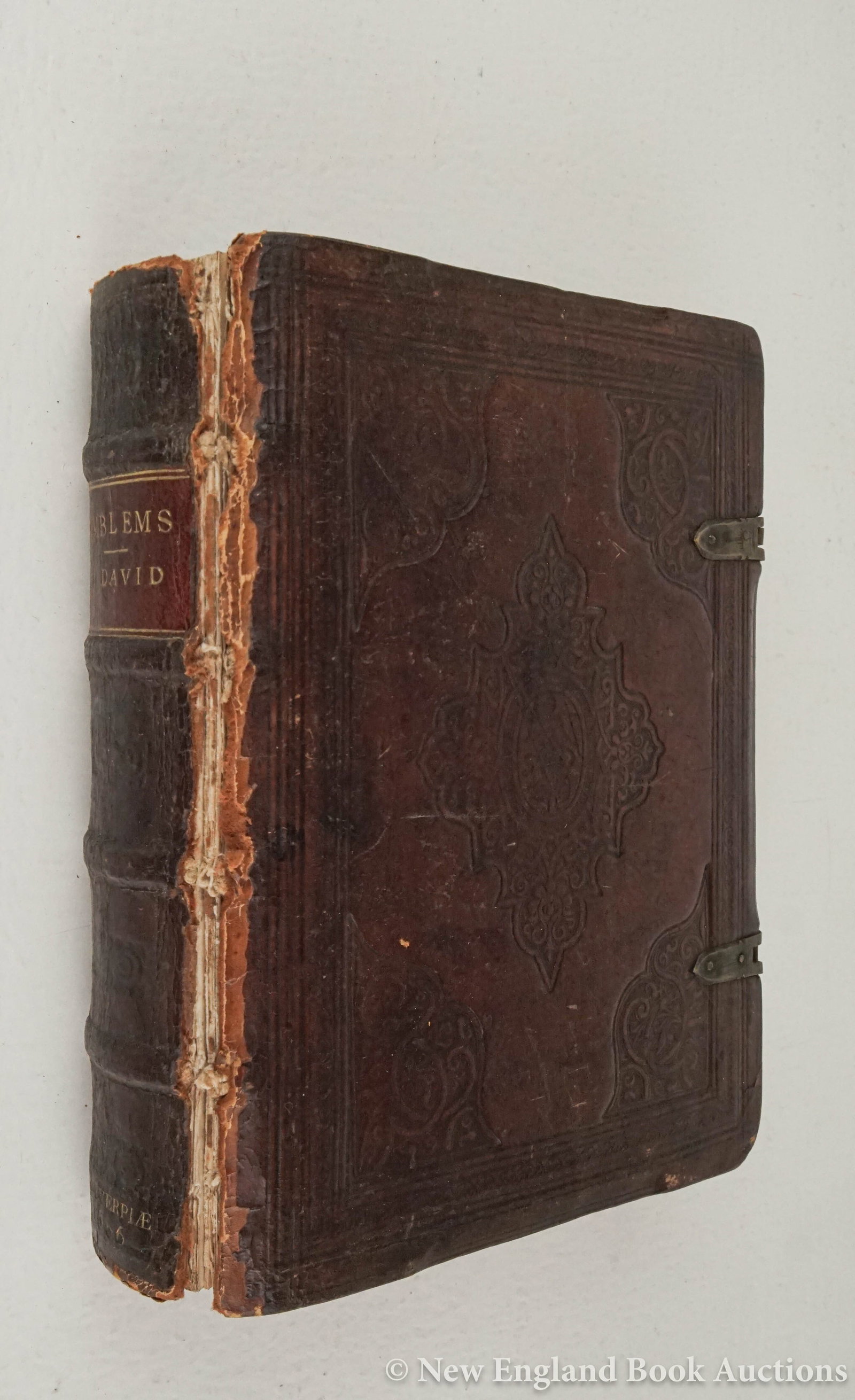 David, Jan: 67. David, Jan. Veridicus Christianus. Illustrated with 103 plates, including engraved title. Small 4to, old calf decorated in blind, all edges gilt with gauffering, 2 brass clasps (lacking 1); worn,