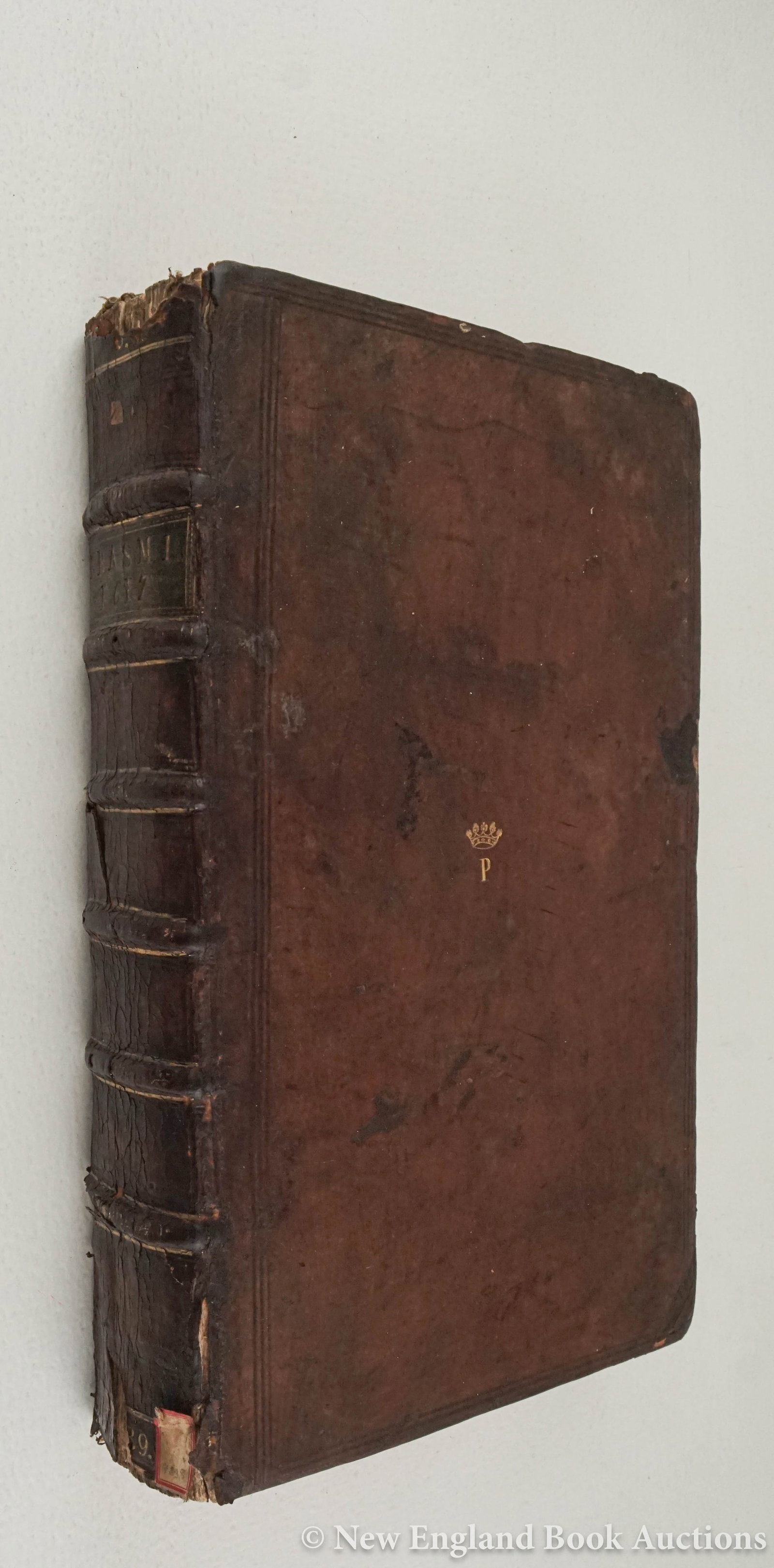 Erasmus, Desiderius: 76. Erasmus, Desiderius. Adagiorum Chiliades. Folio, old calf ruled in blind; worn, abraded, spine chipped with loss, joints split, lacking front pastedown and free endpaper, scattered foxing,