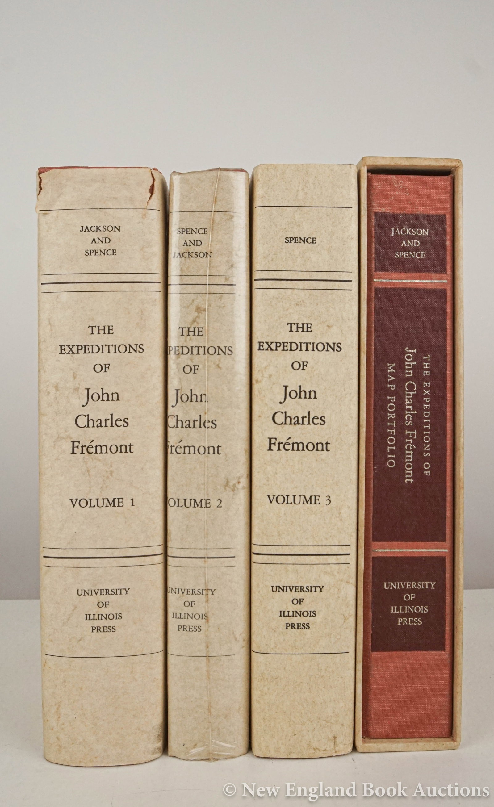 (Frémont, John Charles).: 85. (Frémont, John Charles). The Expeditions. Illustrated. 4 volumes, including map portfolio. 8vo, cloth or boards, 3 volumes with dust jackets (a few tears); moderate wear. Urbana: University of