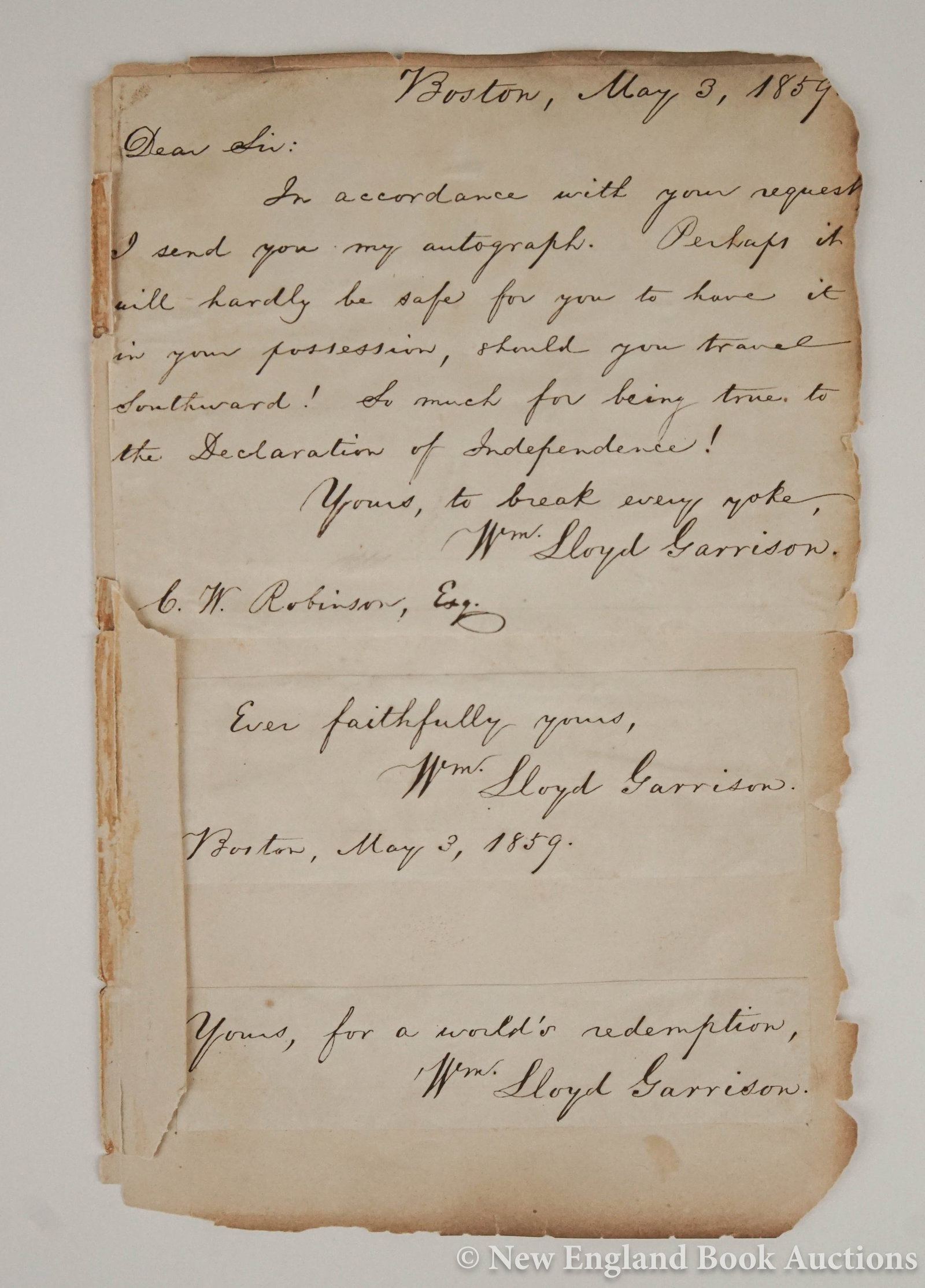 Garrison, William Lloyd: 86. Garrison, William Lloyd. Autographed Note Signed Wm. Lloyd Garrison, "In accordance with your request, I send you my autograph. Perhaps it will hardly be safe for you to have it in your